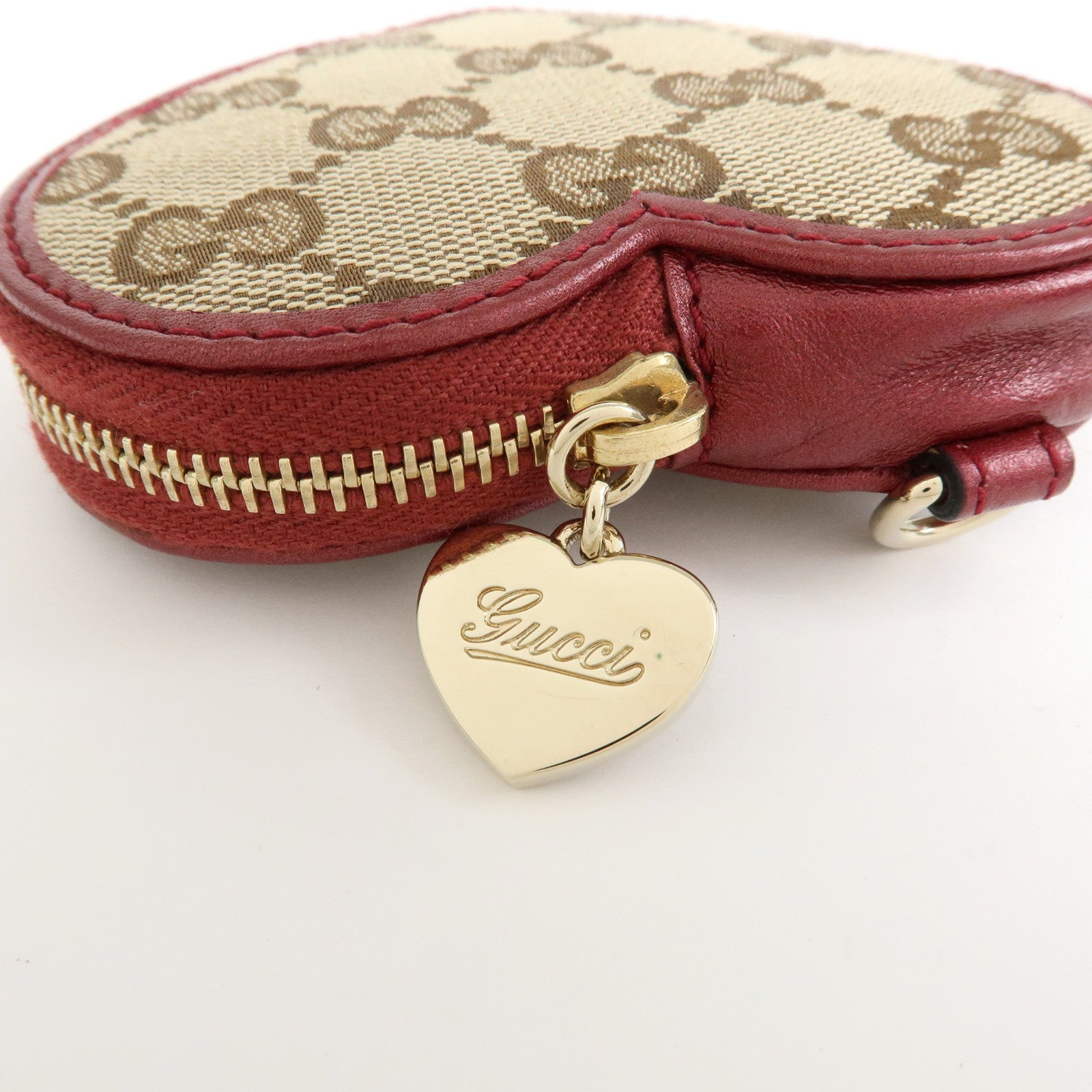 GUCCI Lovely Heart GG Canvas Leather Coin Case Beige Bordeaux152615