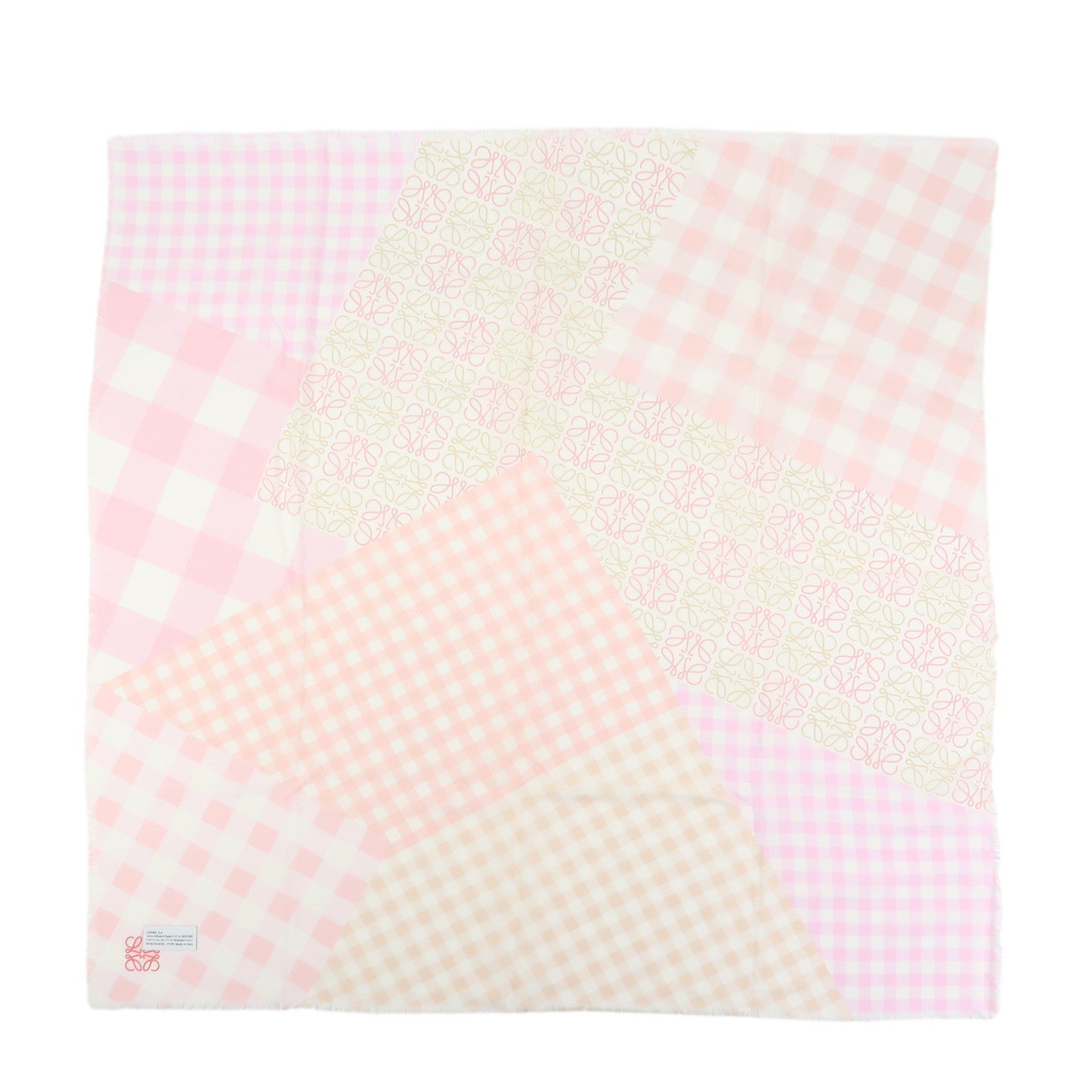 LOEWE Anagram Silk 100% Scarf Gingham Check Pink Beige