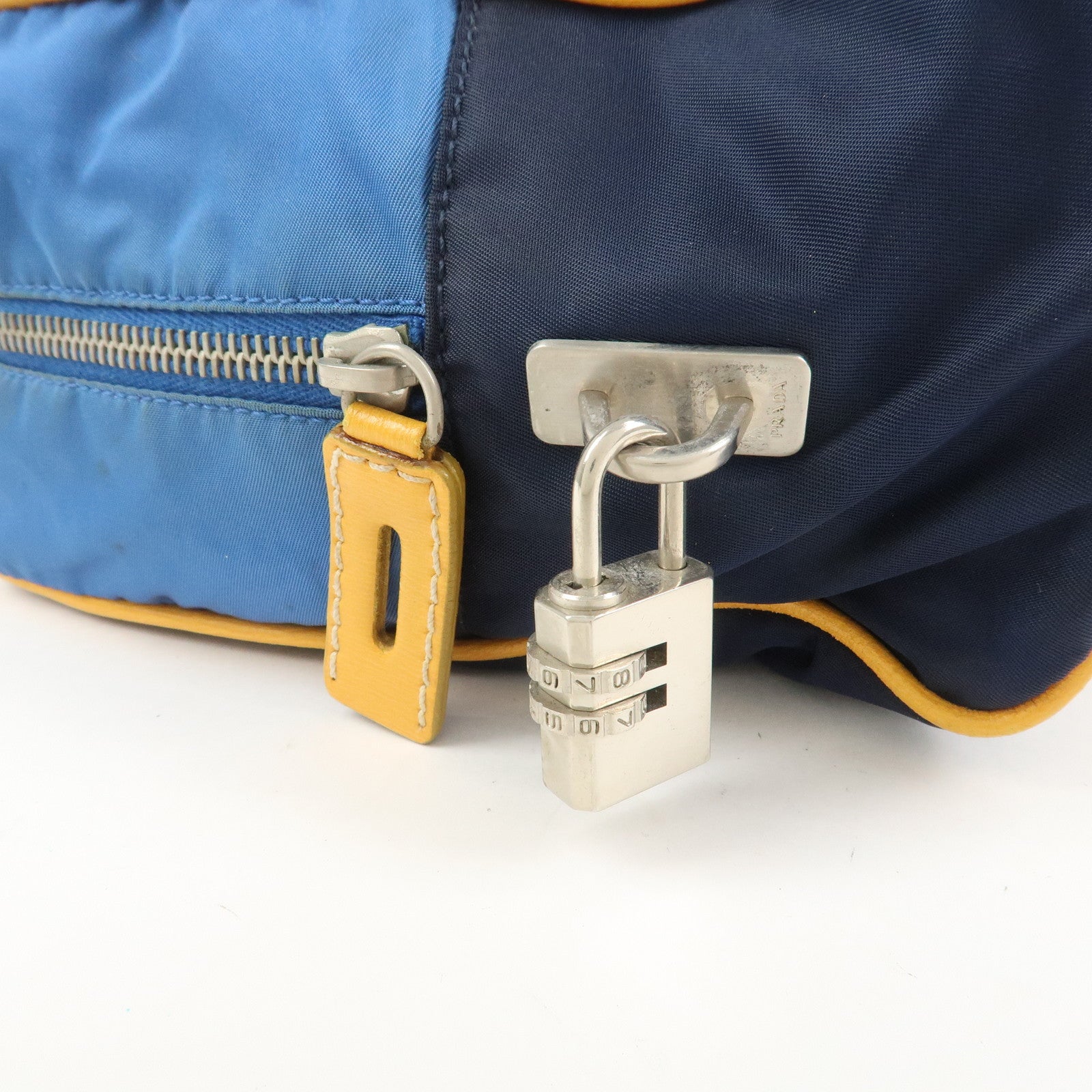 PRADA Triangle Logo Nylon Leather Shoulder Bag Hand Bag Navy Yellow