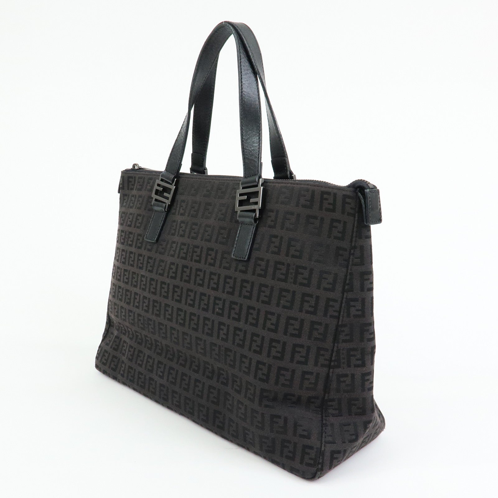 FENDI Zucchino Canvas Leather Tote Bag Hand Bag Black