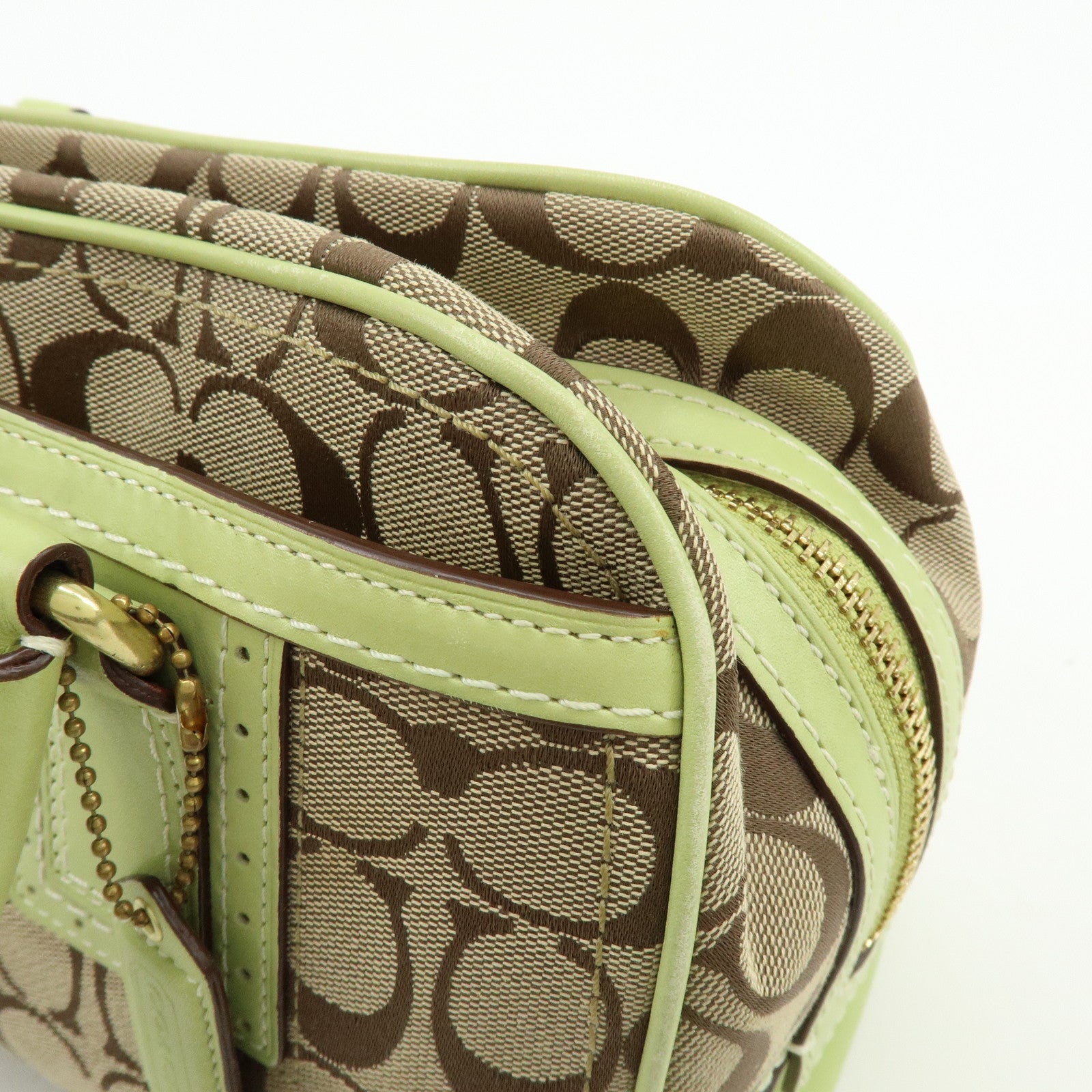 COACH Signature Canvas Leather Boston Hand Bag Light Brown Green