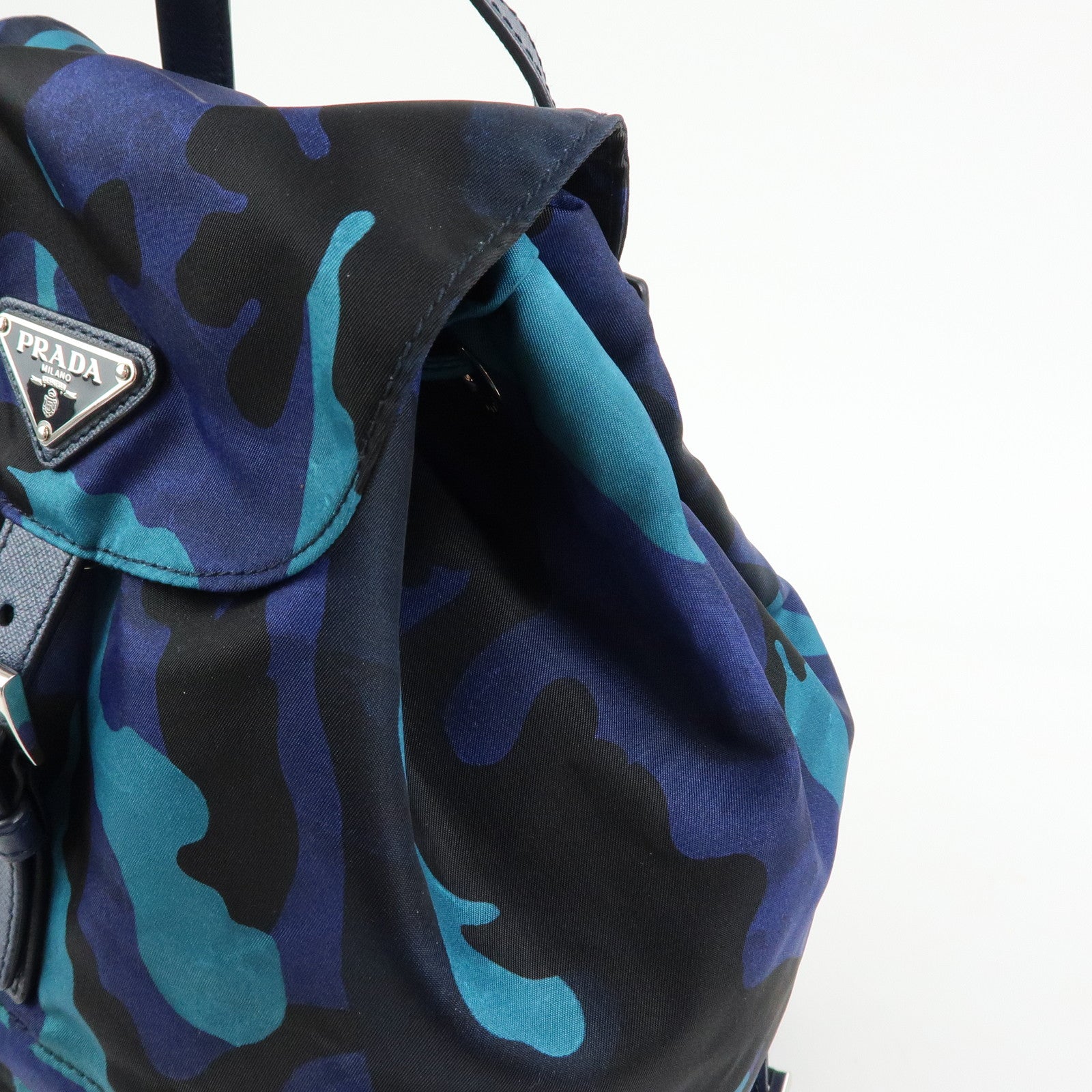 PRADA Triangle Logo Nylon Leather Backpack Camouflage Motif Blue
