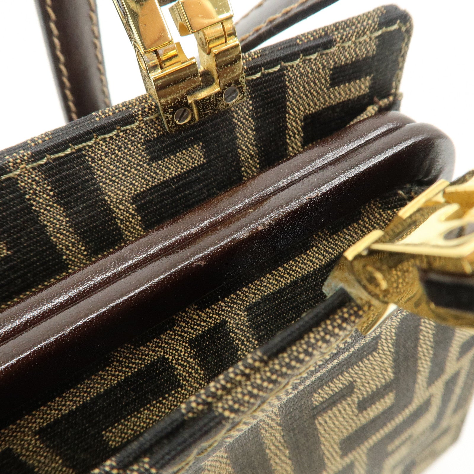 FENDI Zucca Canvas Leather Shoulder Bag Hand Bag Brown Black