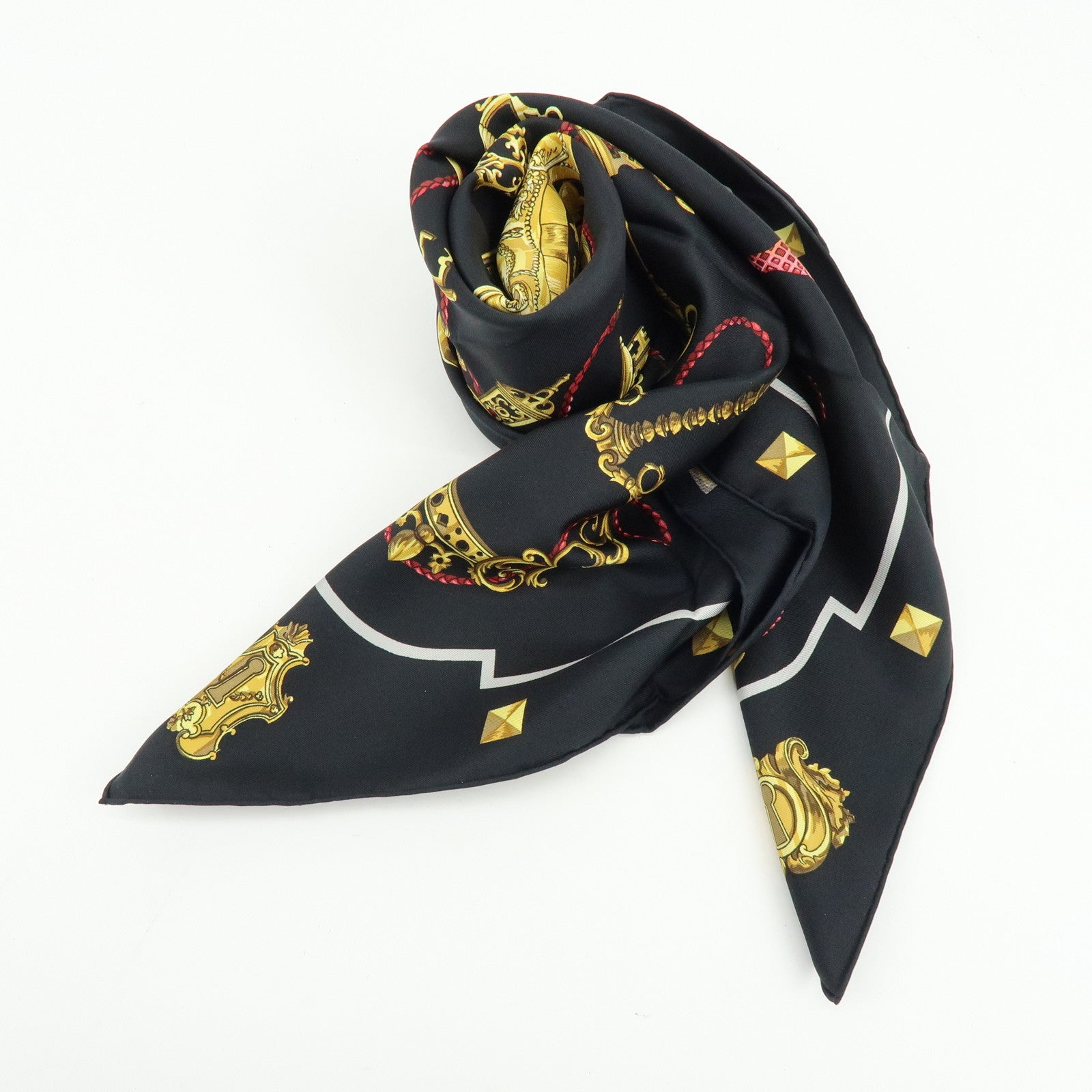 HERMES Carre 90 Silk 100% Scarf LES CLES THE KEYS RARE Black
