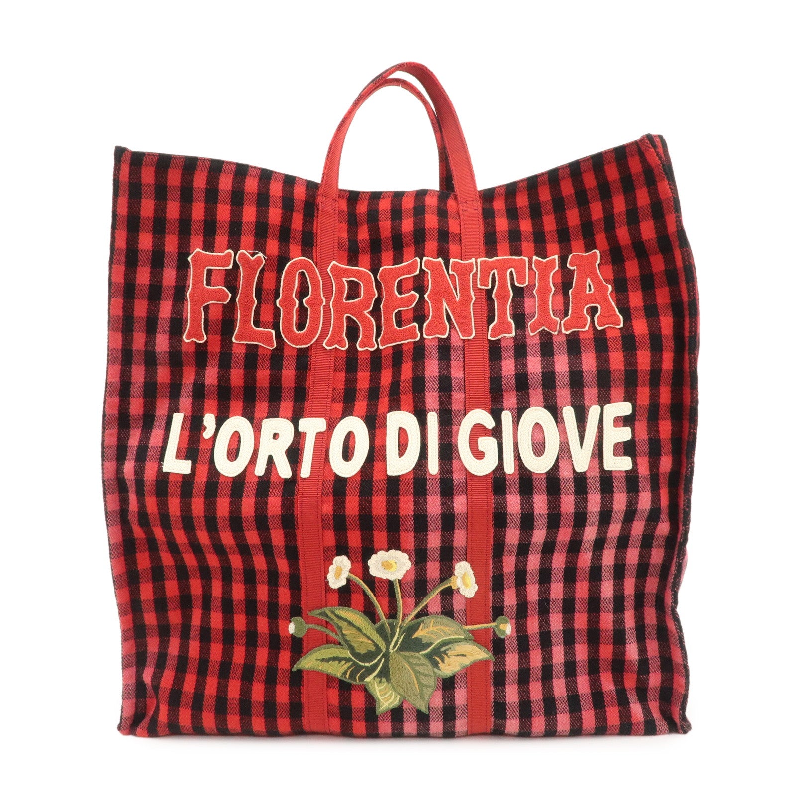 GUCCI Canvas Tote Bag Hand Bag Flower Plaid Red 484690