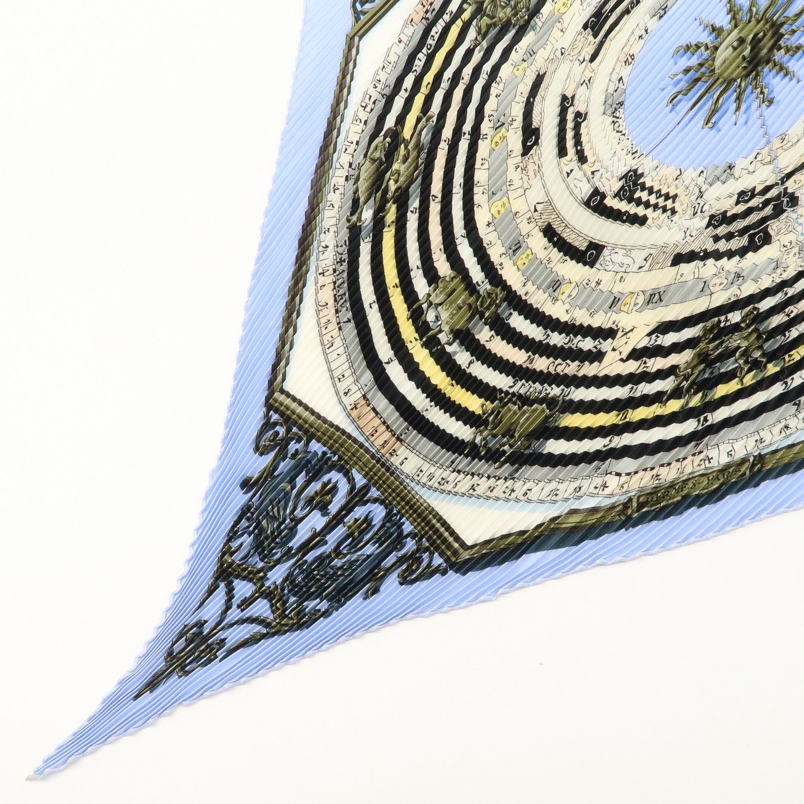 HERMES Pleats Carre Silk 100% Scarf DIES ET HORE Blue Ivory Used