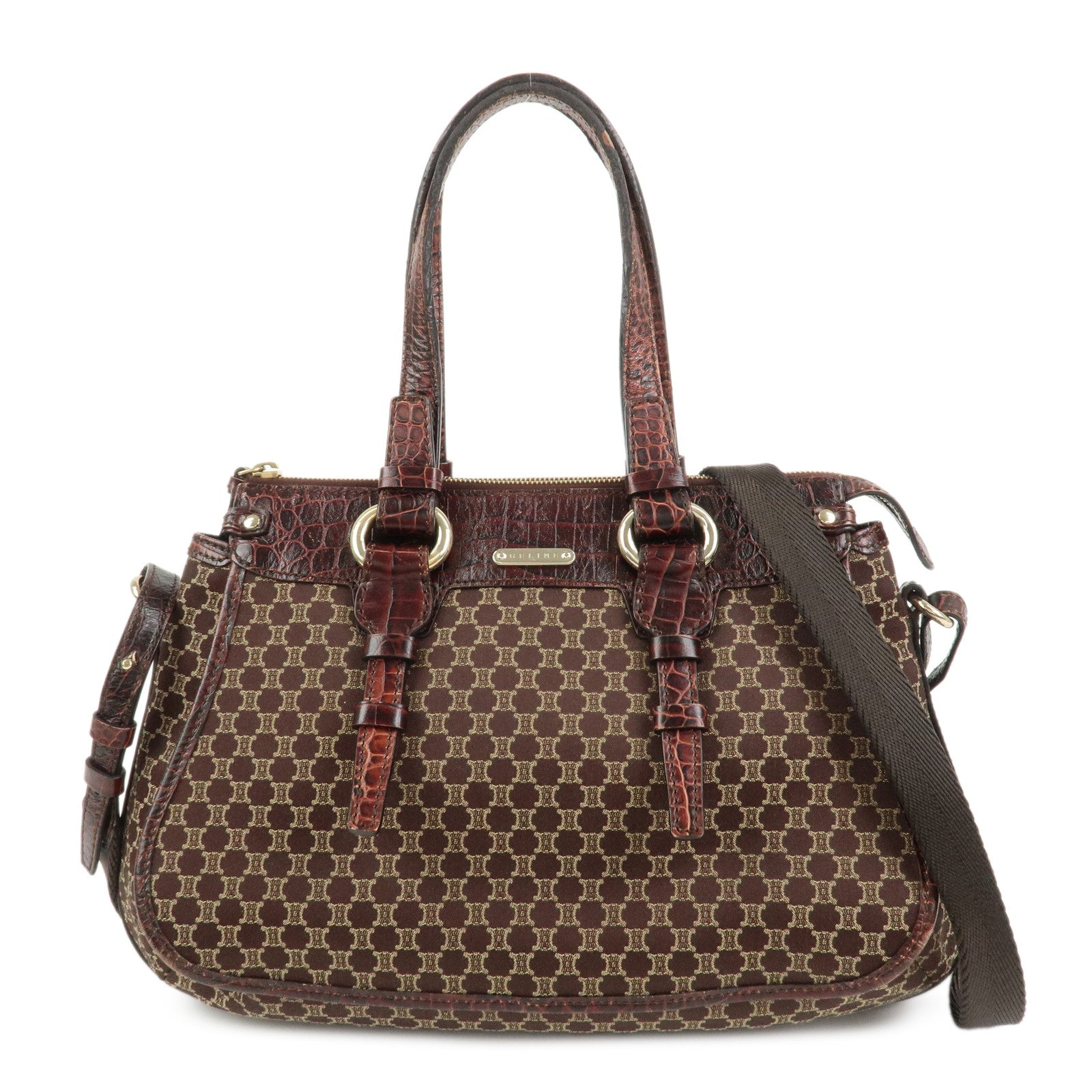 CELINE Macadam Canvas Emboss Leather 2 Way Bag Hand Bag Brown