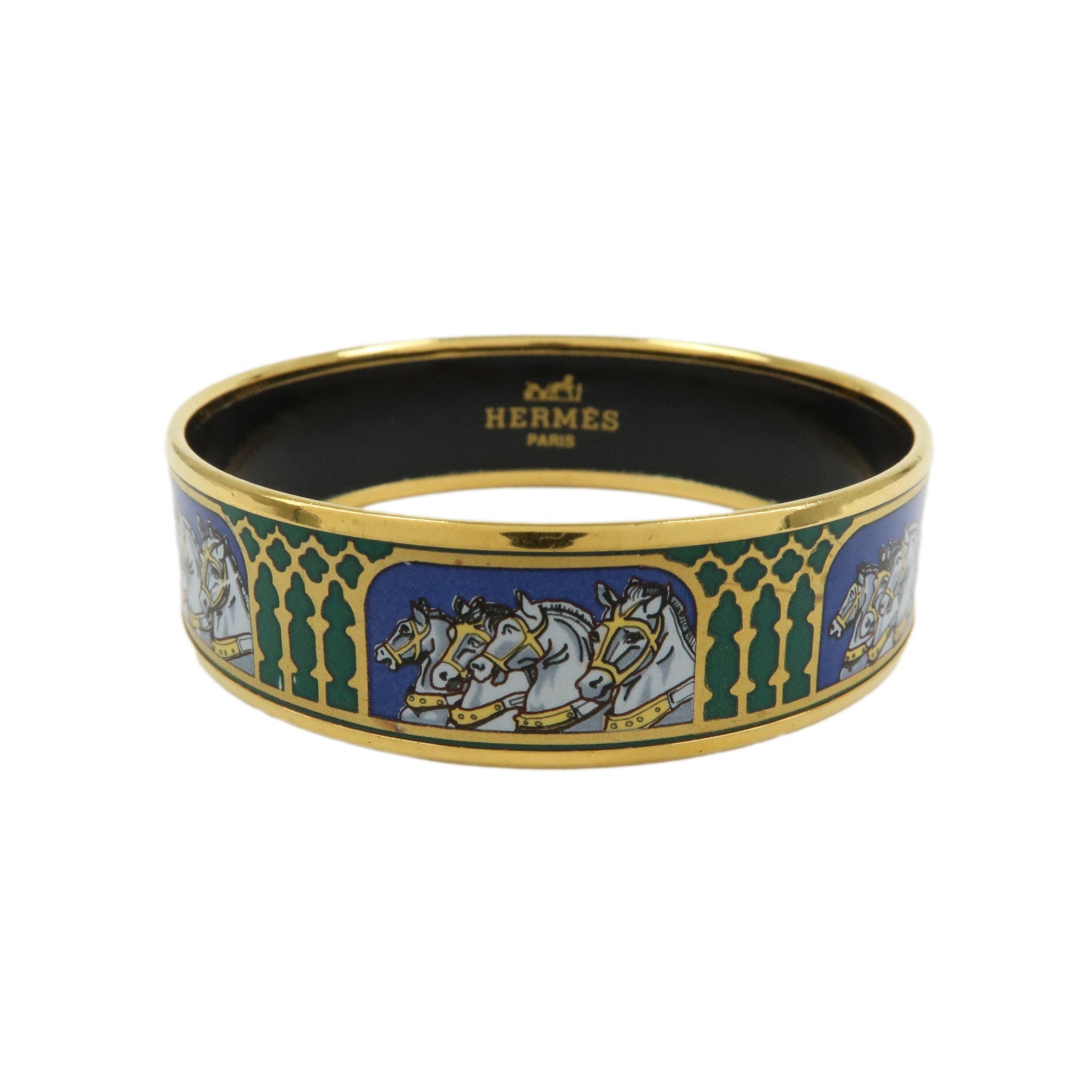 HERMES Email GM Gold Plated Bangle Bracelet Horse Blue Gold
