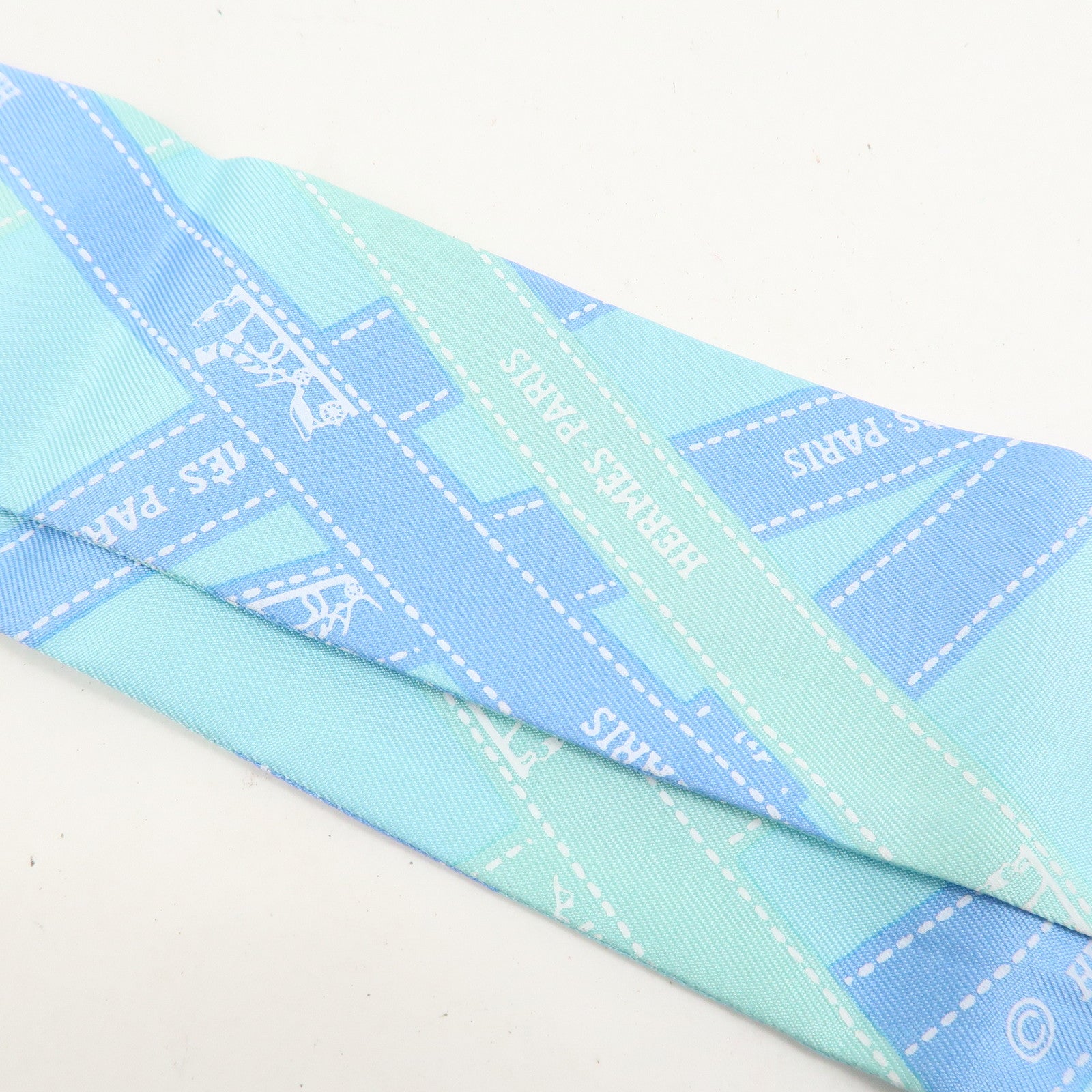 HERMES Twilly Silk 100% Scarf Bolduc Pattern Light Blue