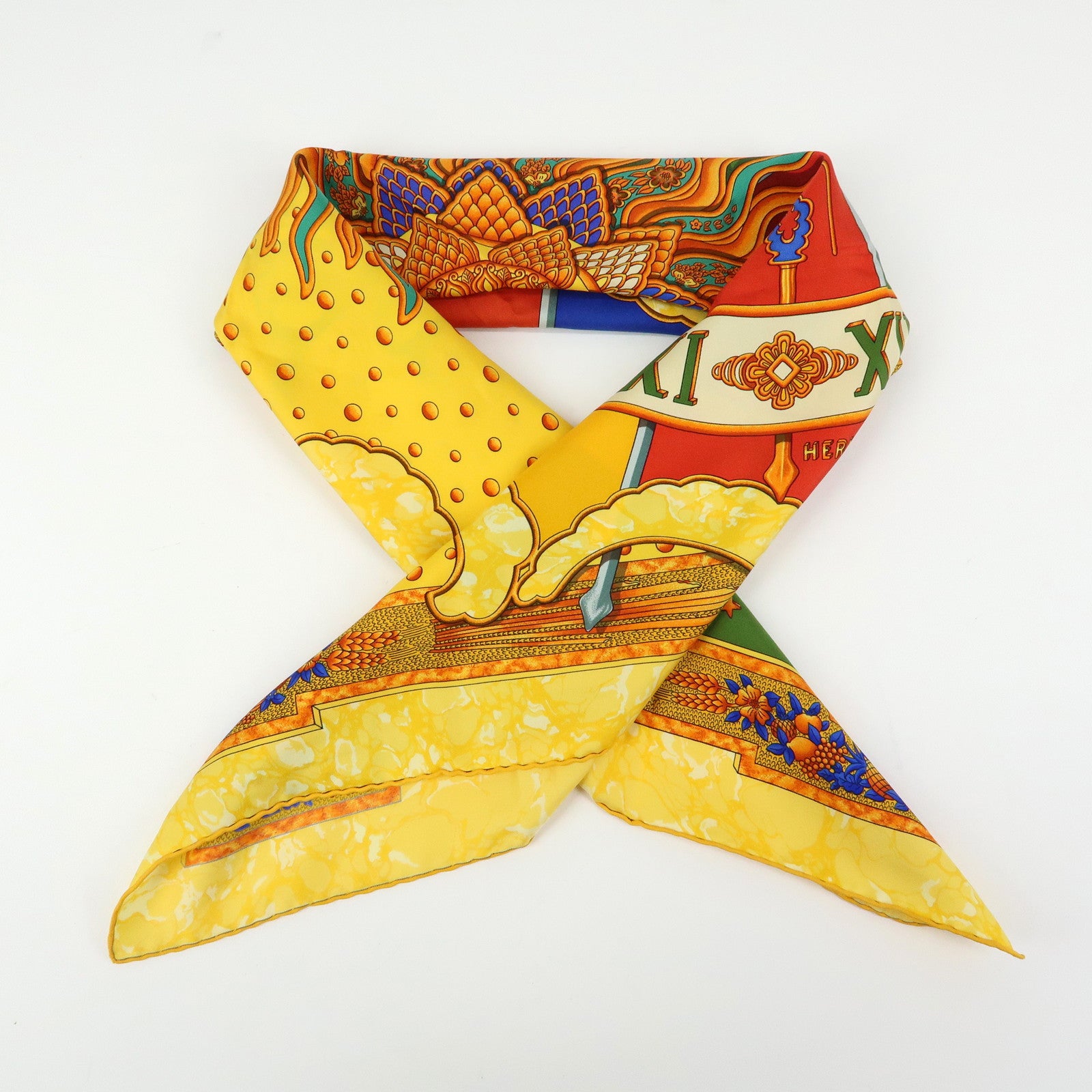 HERMES Carre 90 Silk 100% Scarf GLORIA SOLI Yellow Green Orange