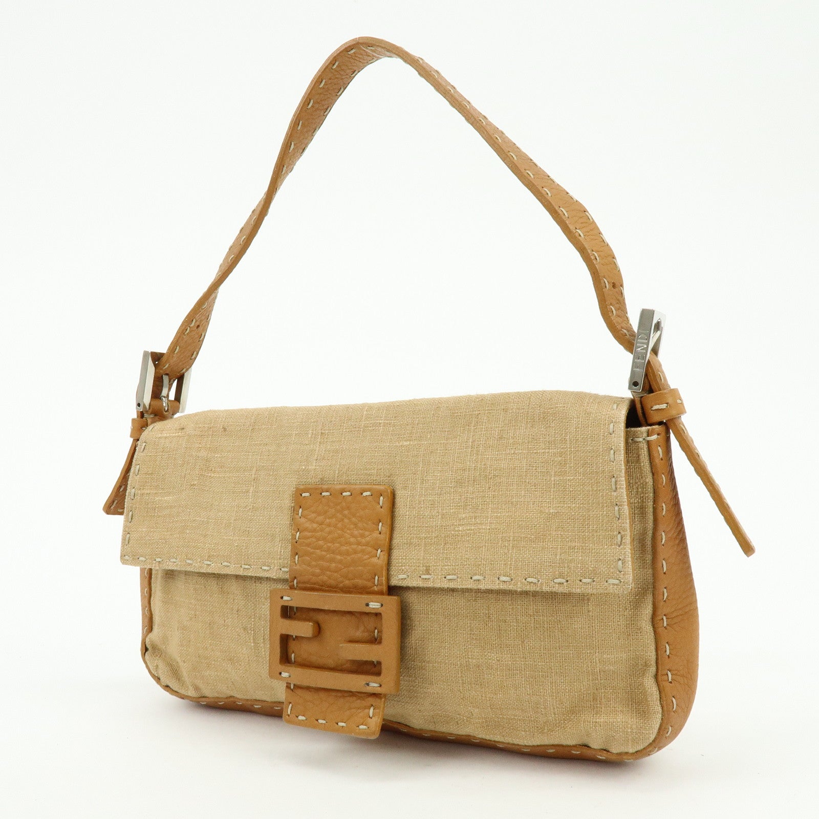 FENDI Mamma Baguette Selleria Linen Leather Shoulder Bag 8BR101