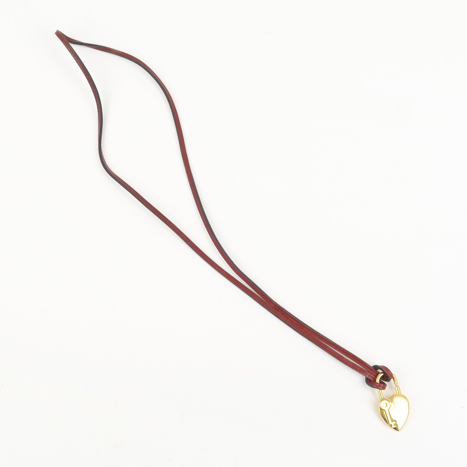 HERMES Vivaldi Heart Cadena Necklace Metal Leather Gold Red