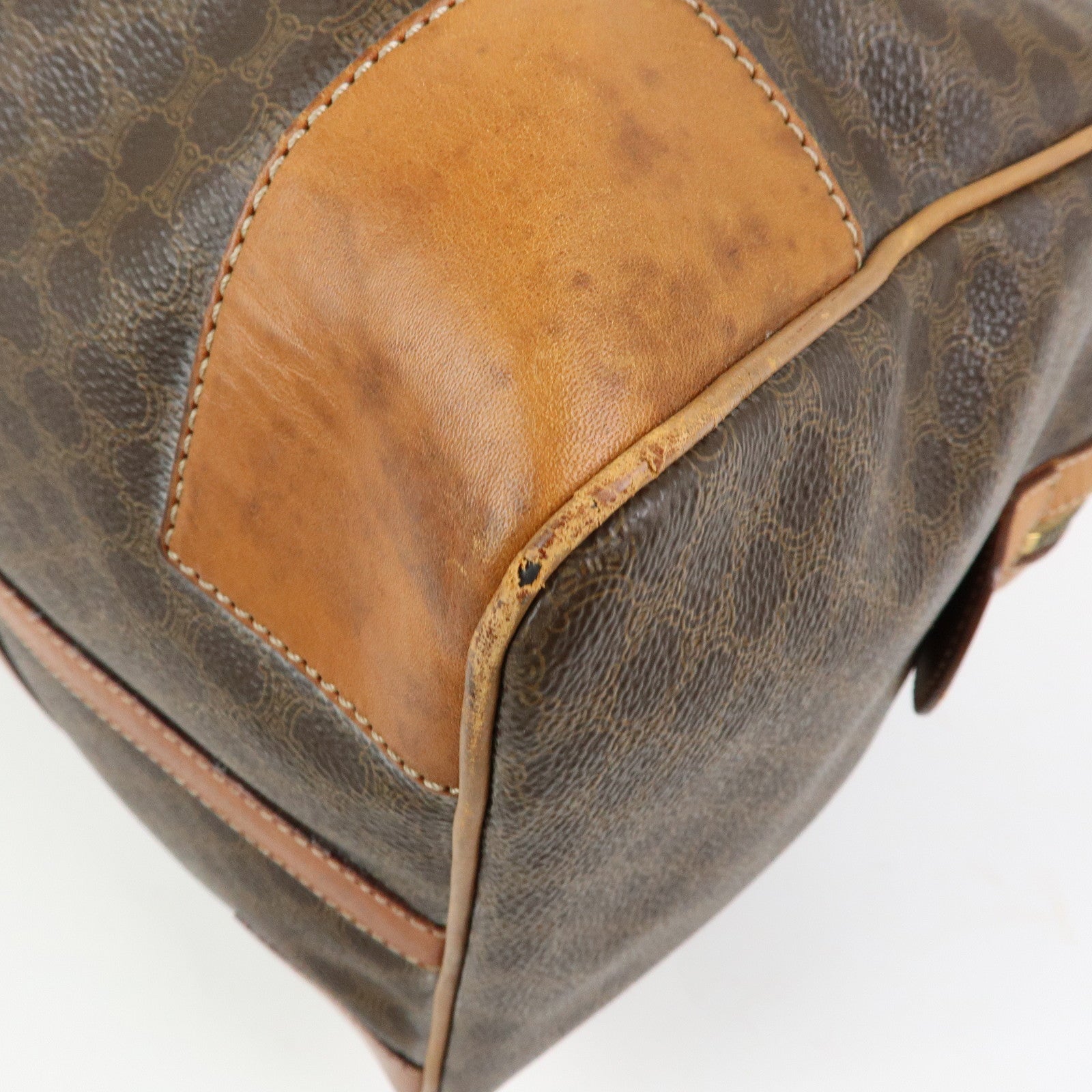 CELINE Logo Macadam PVC Leather Boston Bag Hand Bag Brown