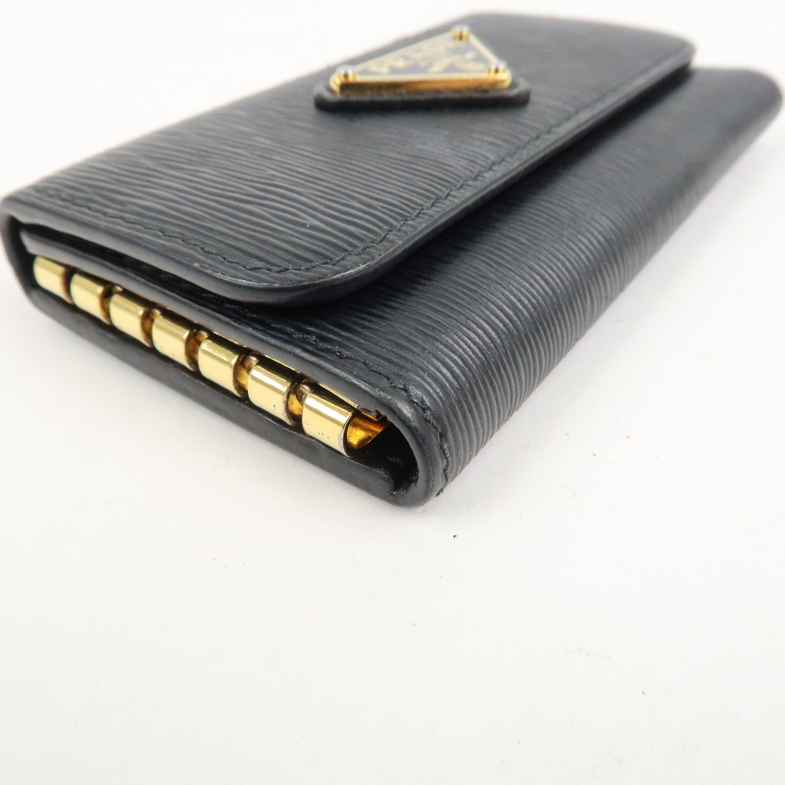 PRADA Triangle Logo Leather 6 Rings Key Case Black 1PG222