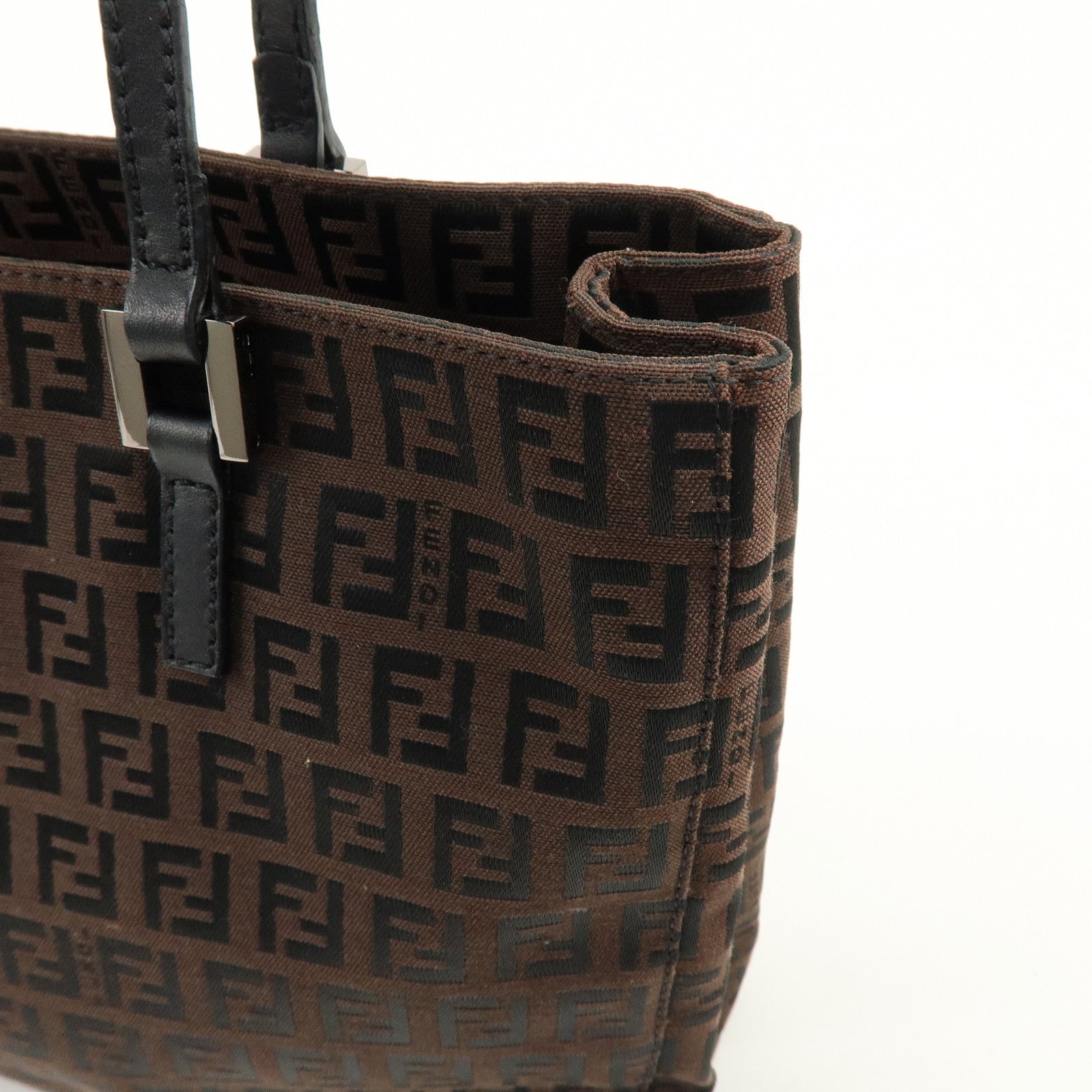 FENDI Zucchino Canvas Leather Tote Bag Shoulder Bag Brown Black