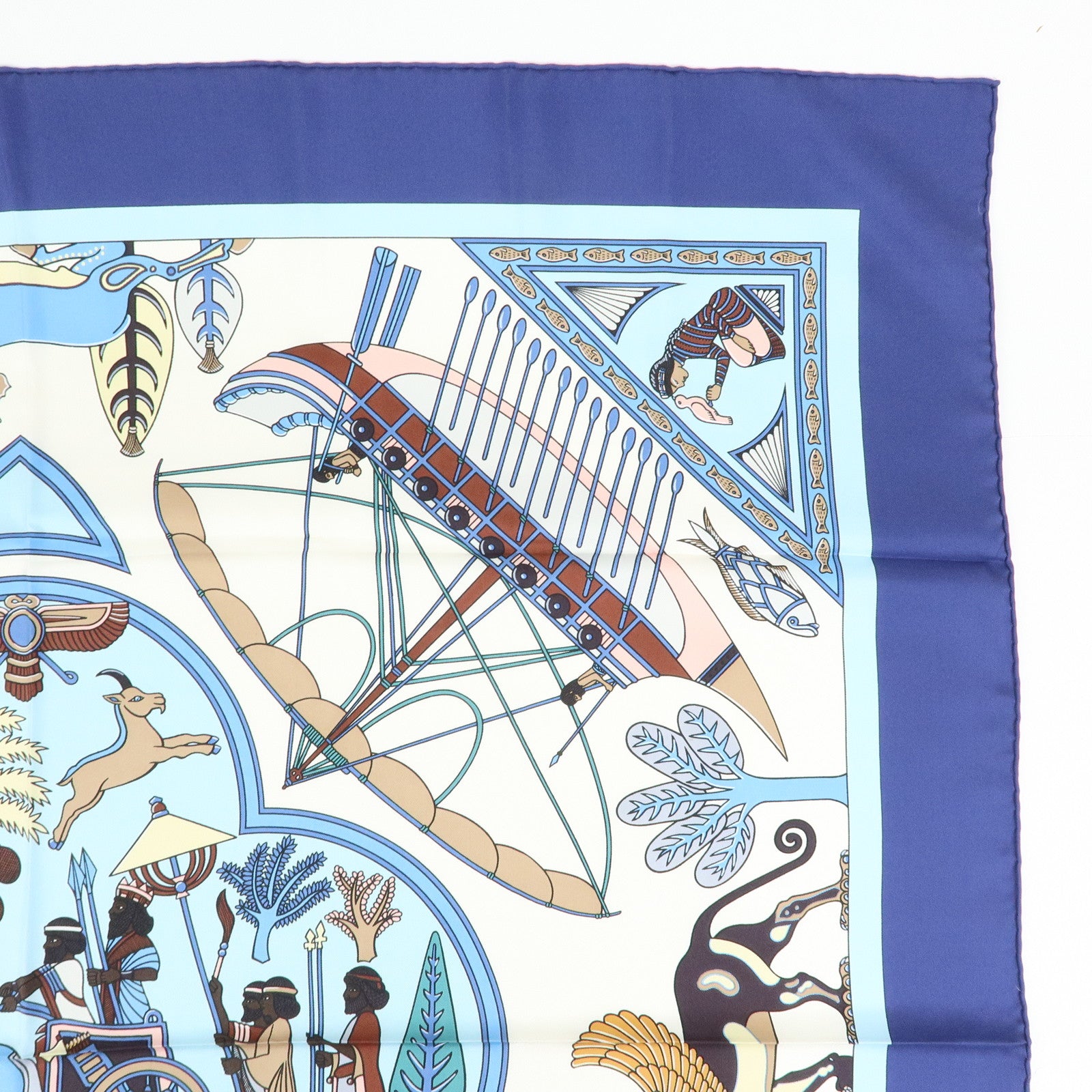HERMES Carre 90 Silk 100% Scarf PERSEPOLIS Persian Print Brown Blue
