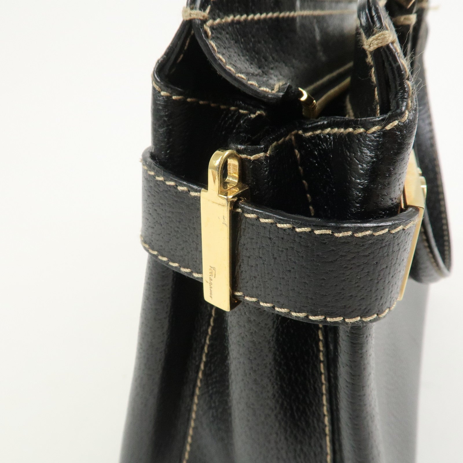 Ferragamo Gancini Leather 2 Way Bag Hand Bag Shoulder Bag Black