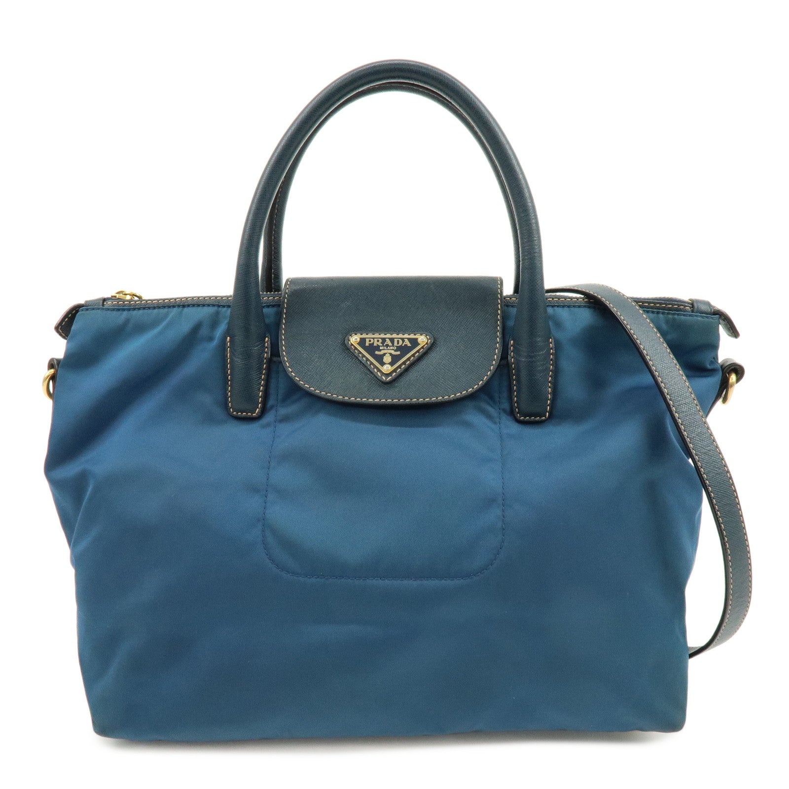 PRADA Triangle Logo 2Way Bag Hand Bag Shoulder Bag Blue BN2541