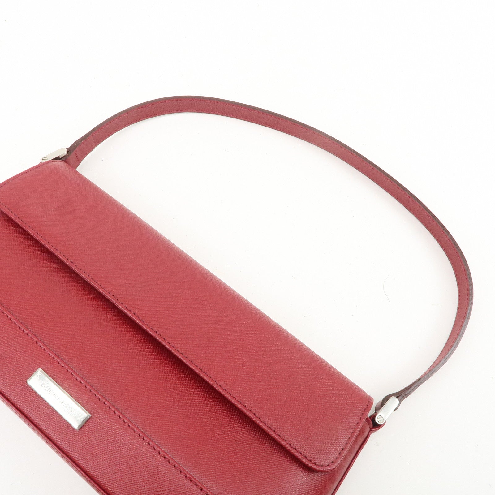 BURBERRY Logo Leather Shoulder Bag Hand Bag Red Silver