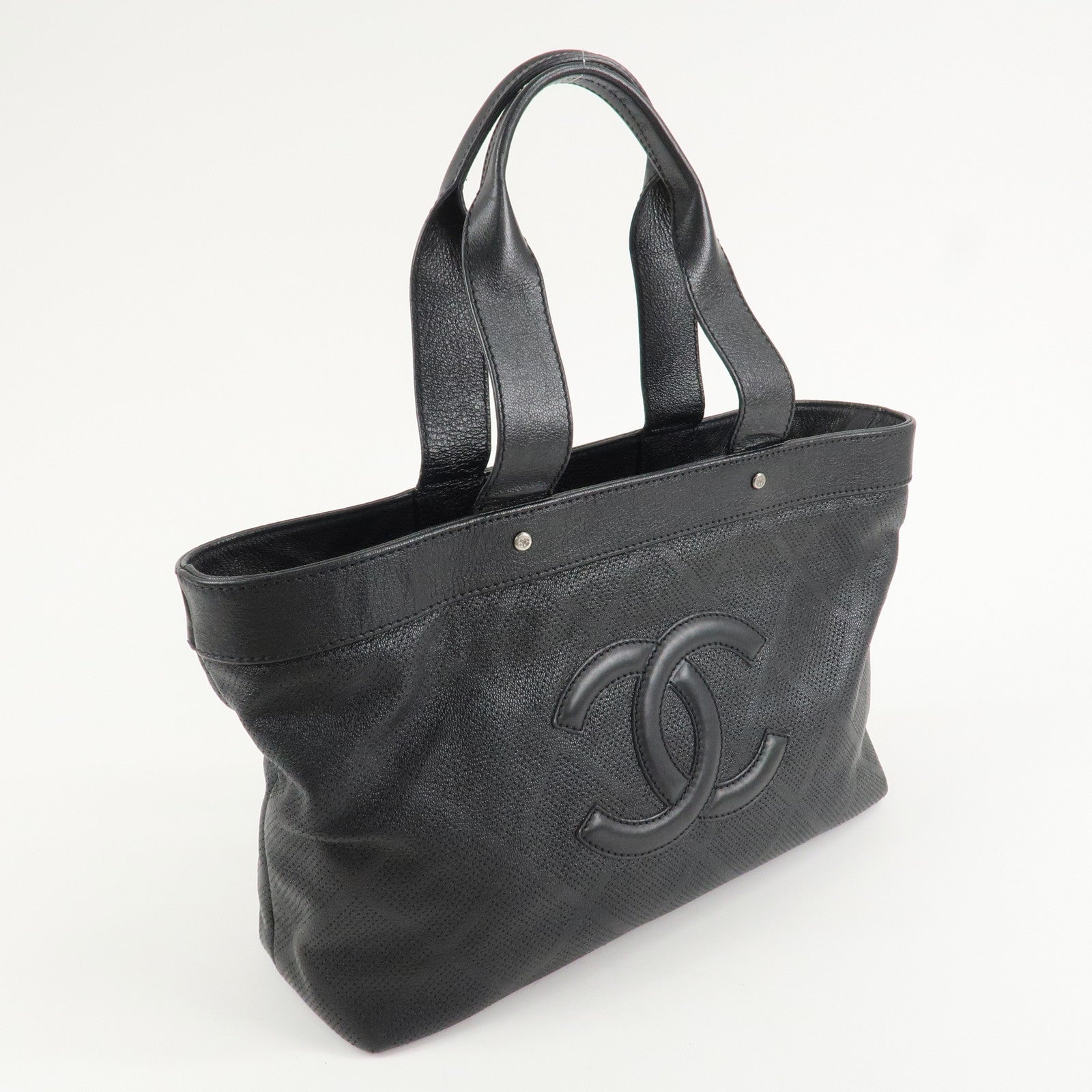 CHANEL COCO Mark Patent Leather Punchcing Tote Bag Shoulder Bag Black Used