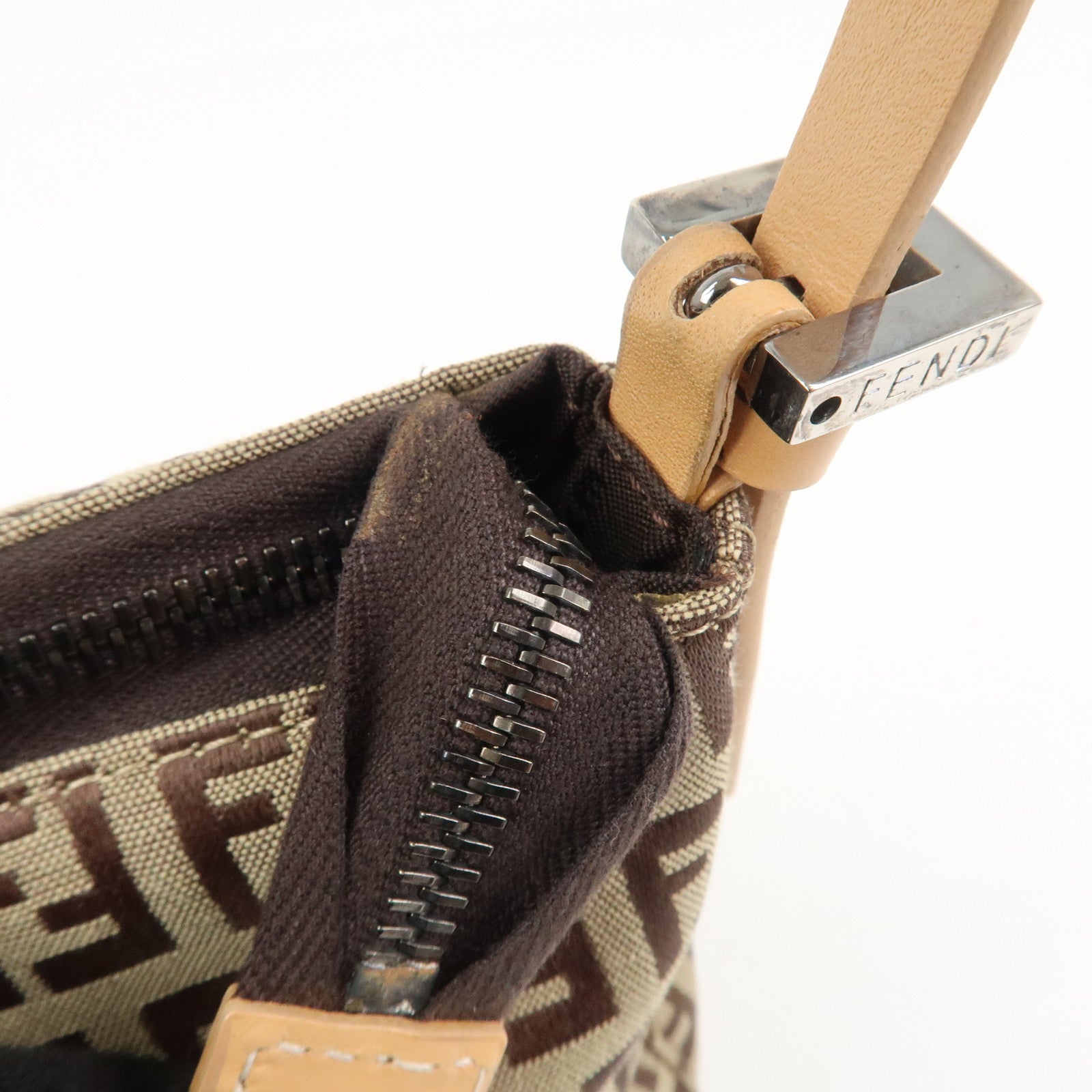 FENDI Zucchino Canvas Leather Shoulder Bag Hand Bag Brown 8BR156