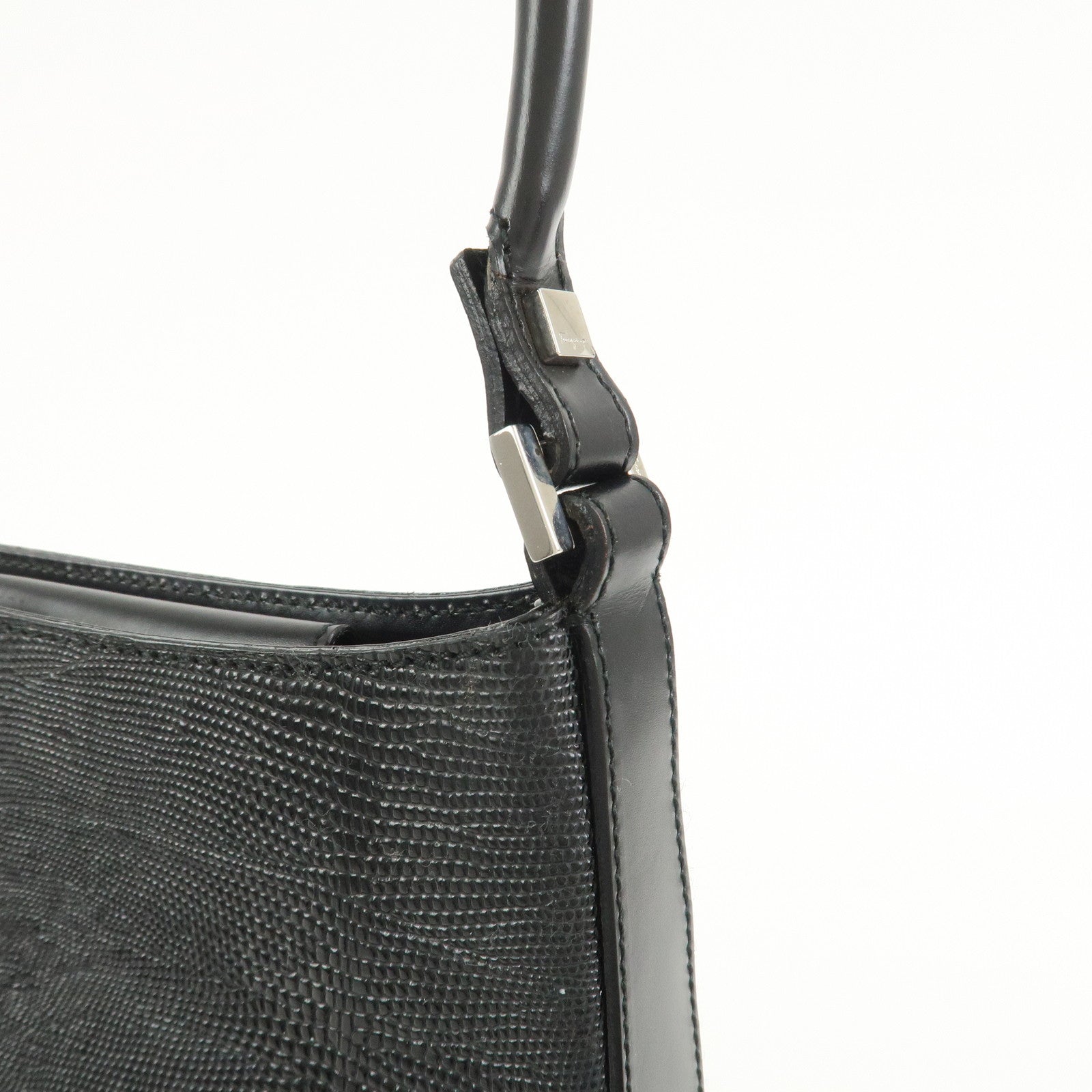 Ferragamo Embossed Leather Shoulder Bag Hand Bag Black