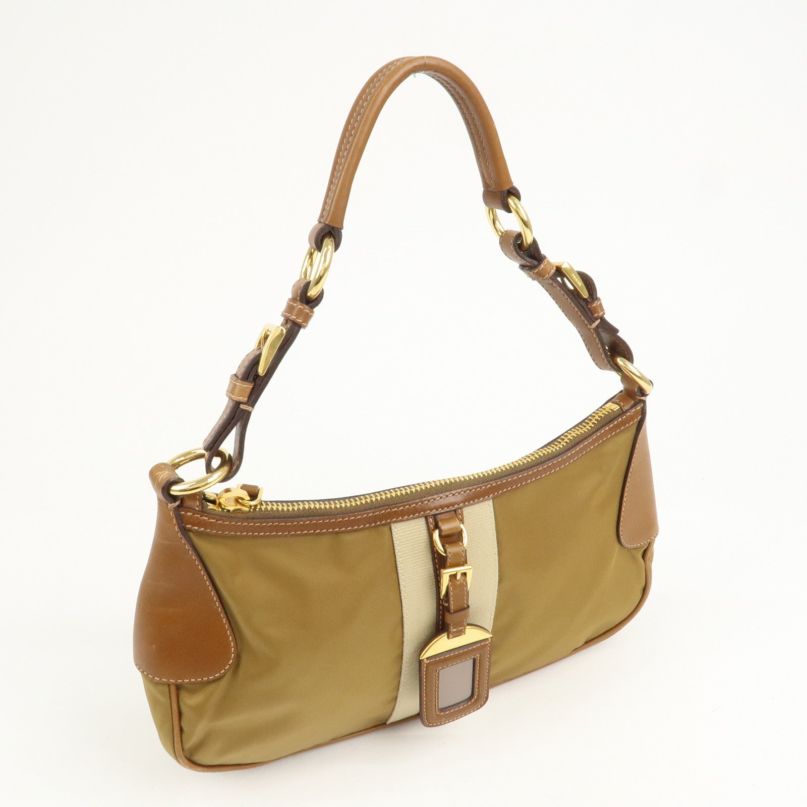 PRADA Triangle Logo Nylon Leather Shoulder Bag Brown BR3043