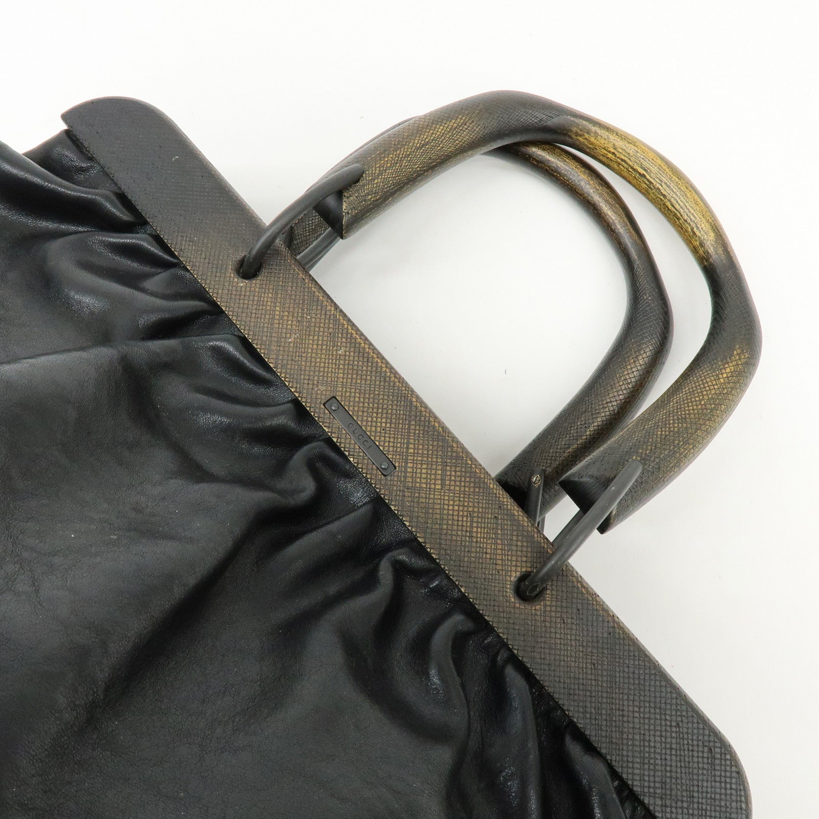 GUCCI Leather Wood Hand Bag Doctor Bag Black 105377