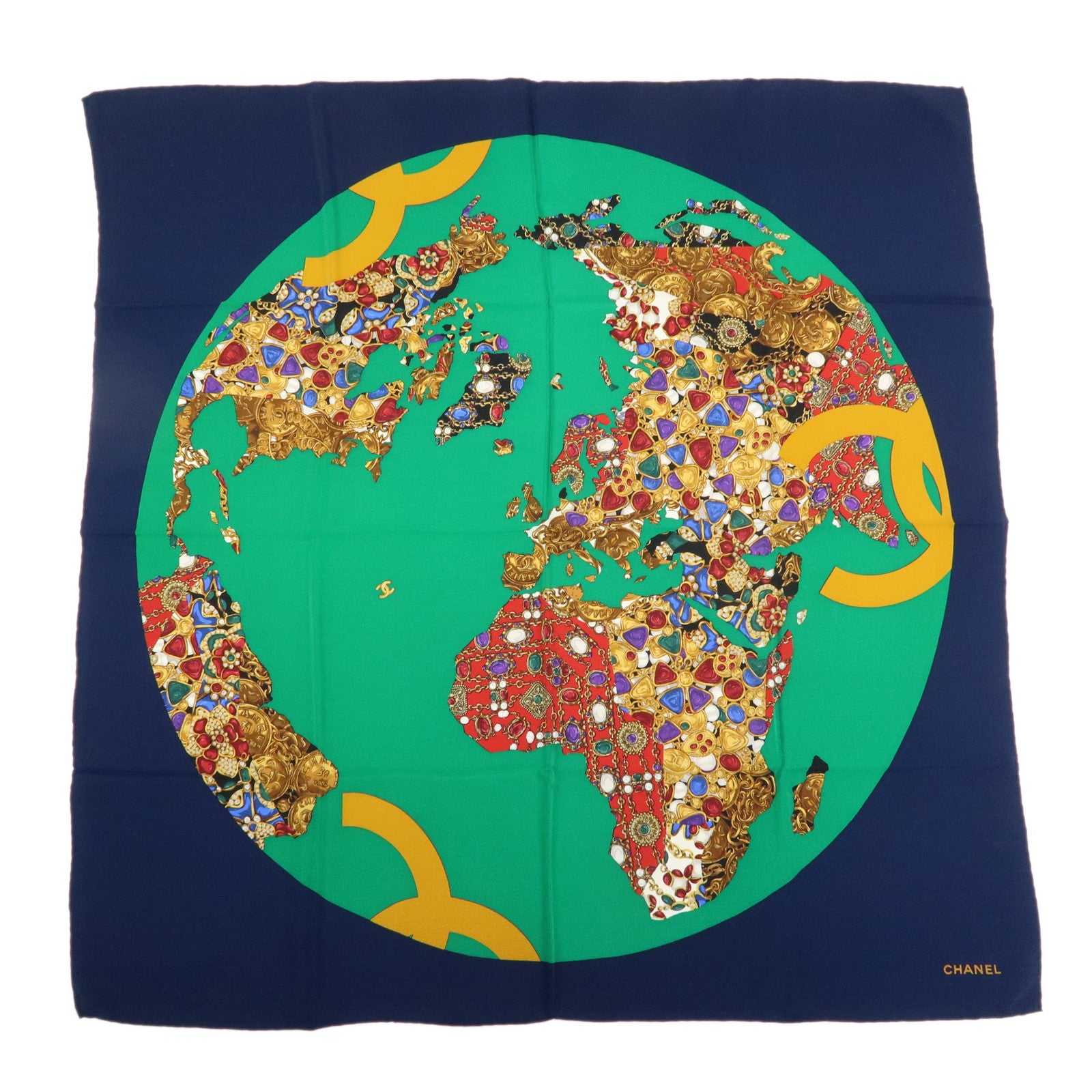 CHANEL Silk 100% Scarf Bijou 86cm×86cm Navy Green