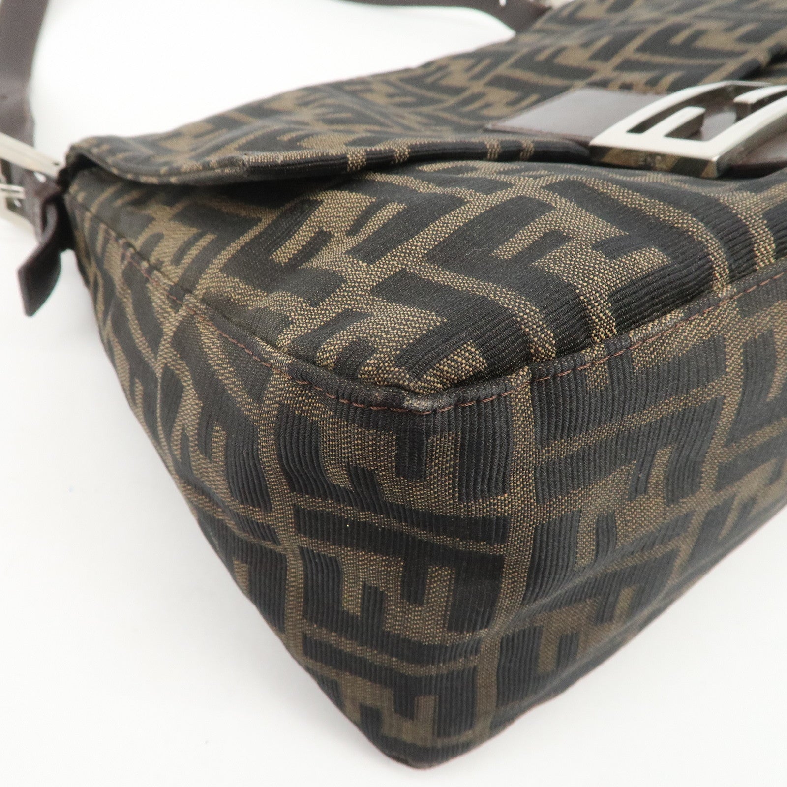 FENDI Mamma Baguette Zucca Canvas Leather Shoulder Bag Brown 26325