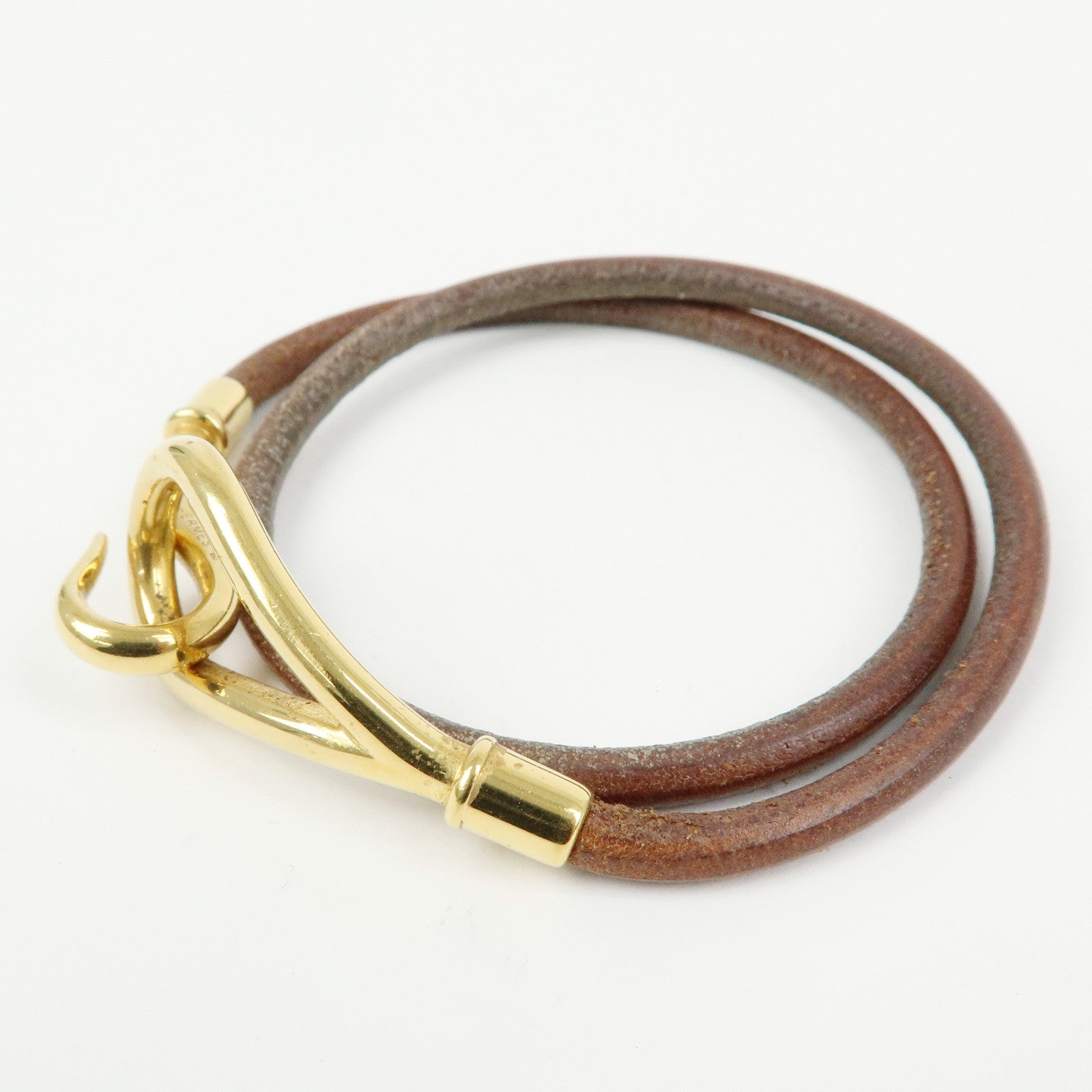 HERMES Jumbo Choker Leather Metal Bracelet Brown Gold