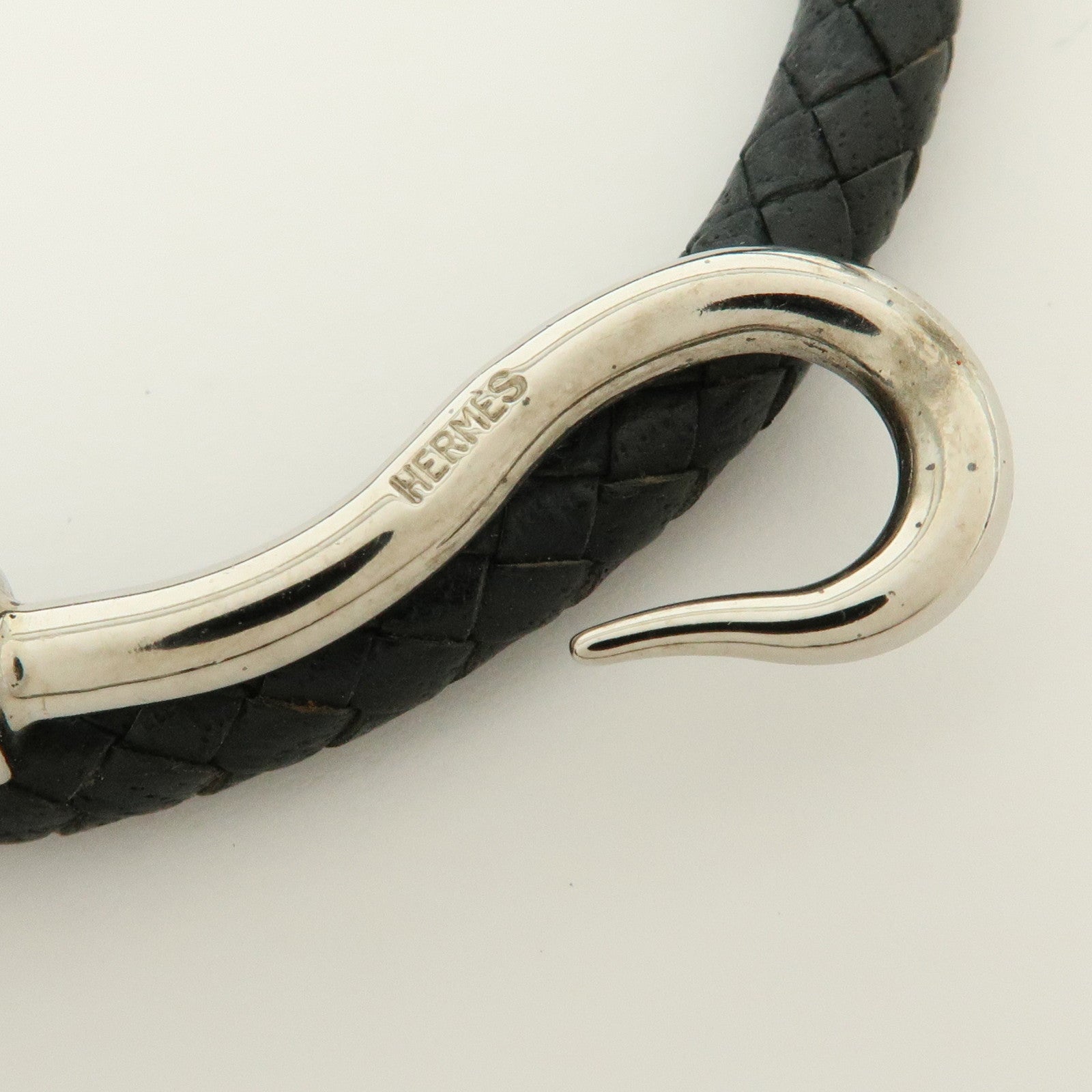 HERMES Jumbo Choker Double Tour Leather Metal Bracelet Black Silver