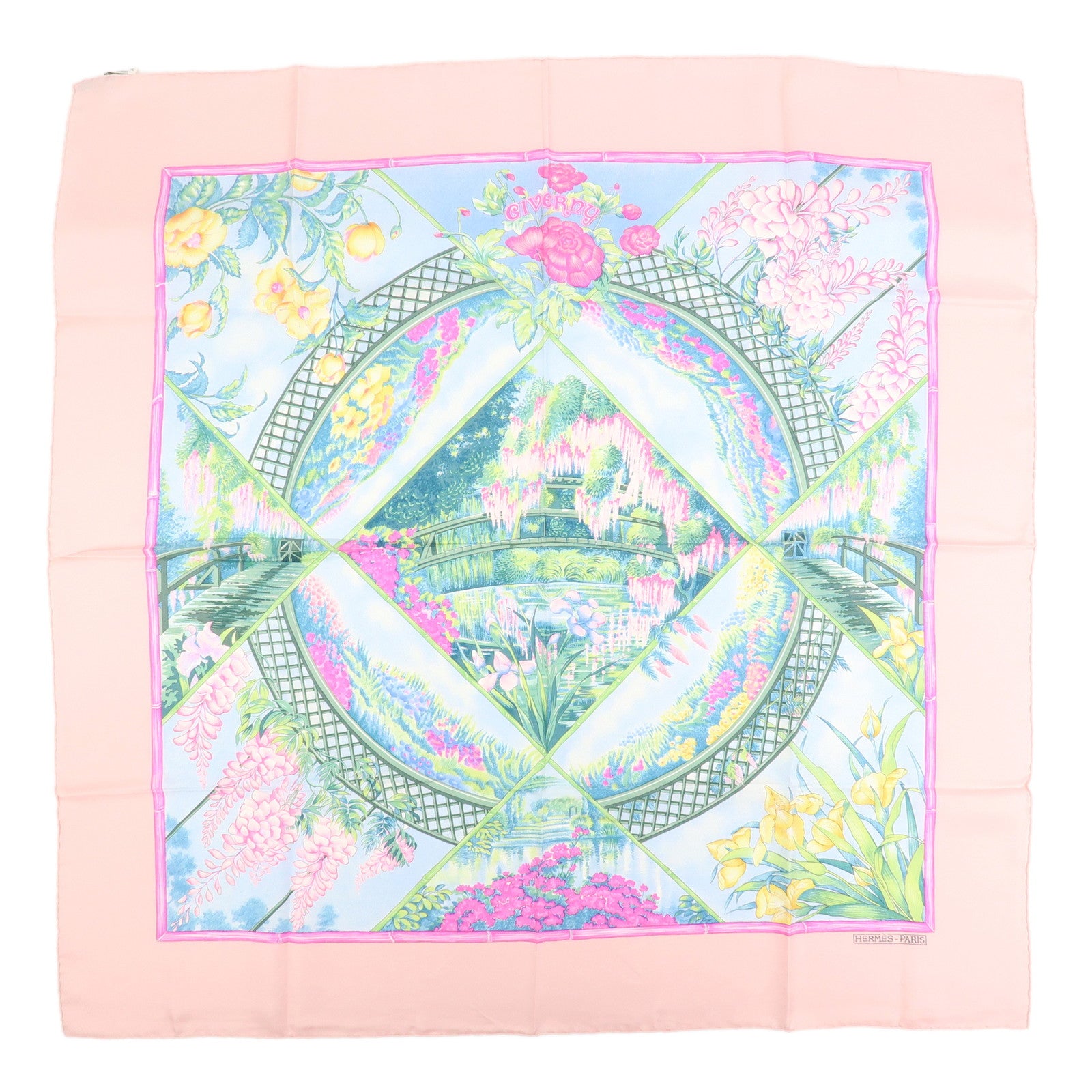 HERMES Carre 90 Silk 100% Scarf GIVERNY Pink Multicolor