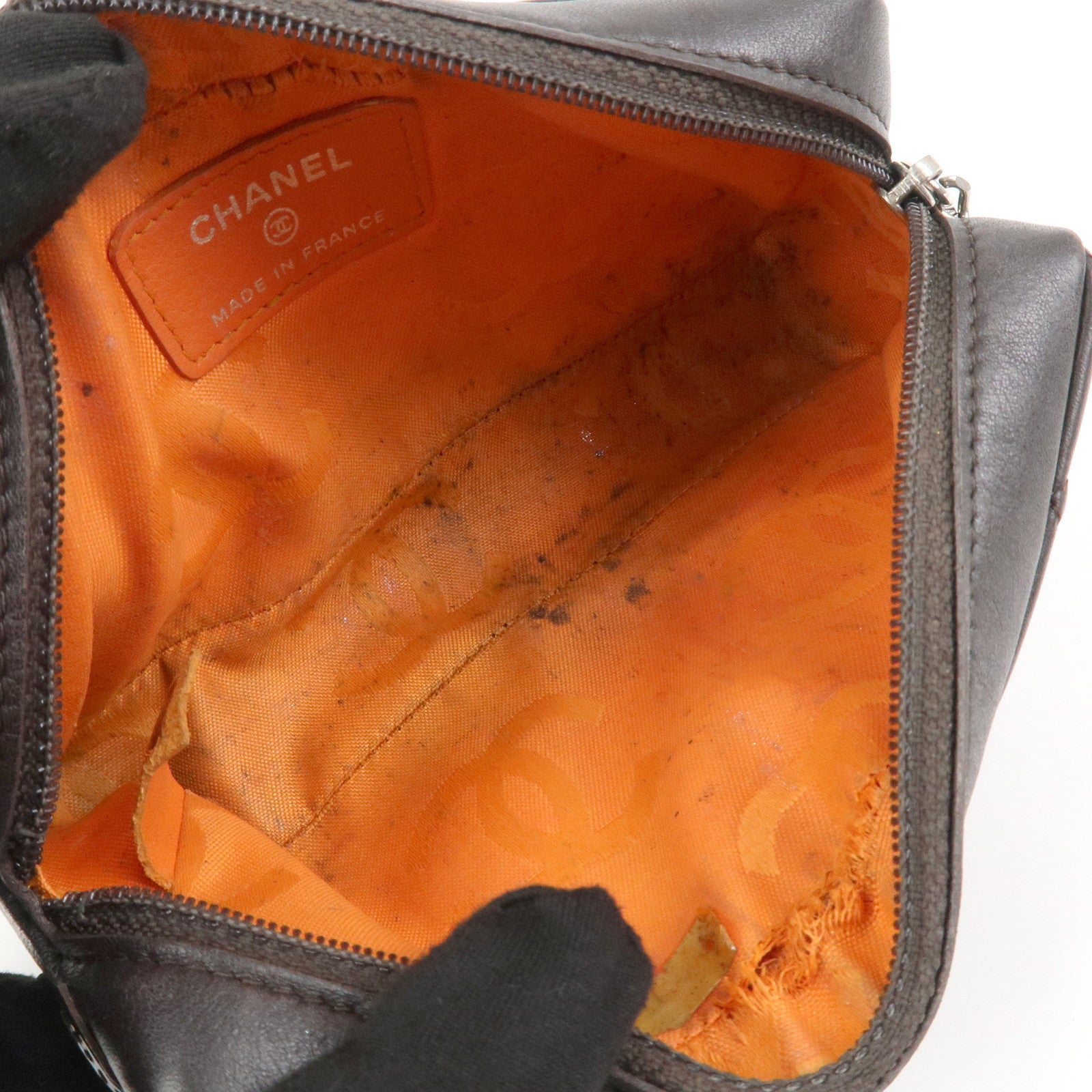 CHANEL Cambon Line COCO Mark Lambskin Cosmetic Pouch Brown