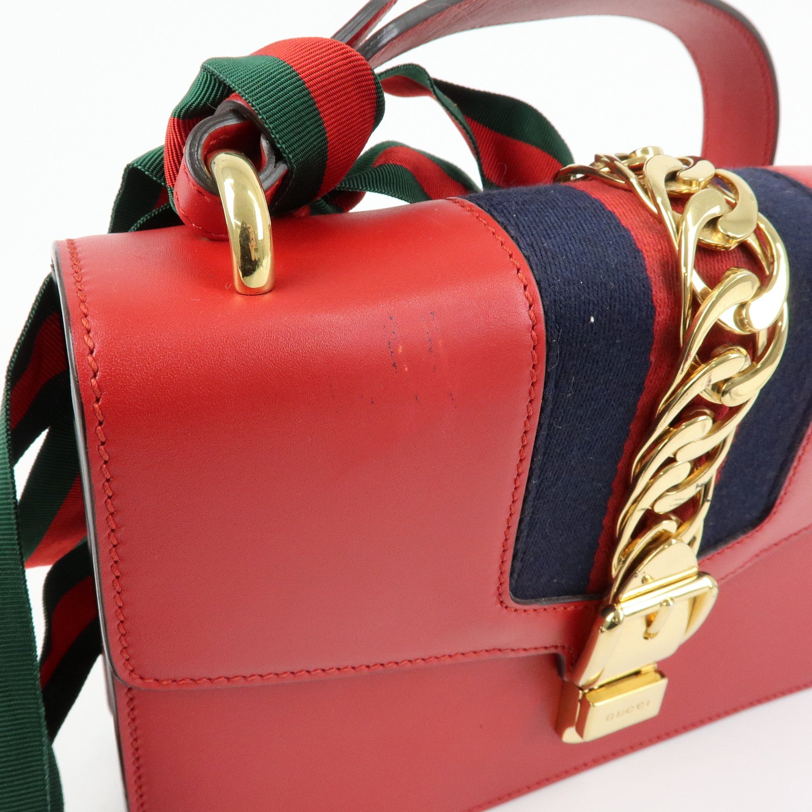 GUCCI Sylvie Sherry Leather Shoulder Bag Red Ribbon Red 421882
