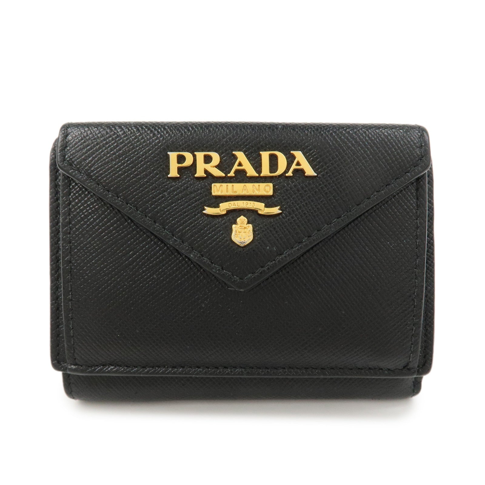 PRADA Logo Saffiano Metal Tri-fold Small Wallet Black 1MH021