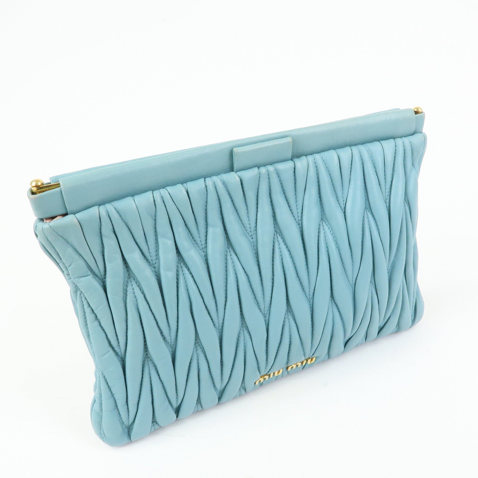 MIU MIU Logo Matelasse Nappa Leather Clutch Bag Light Blue 5N1573