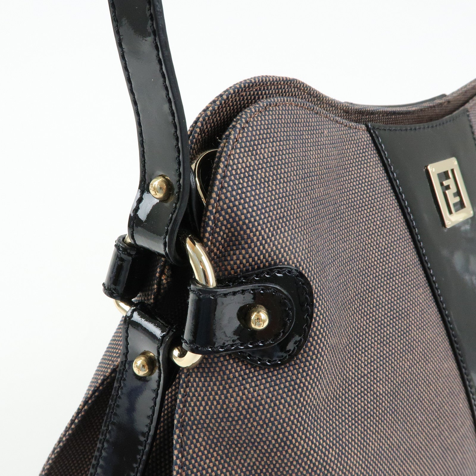 FENDI Canvas Patent Leather Shoulder Hand Bag Brown Black 8BR421