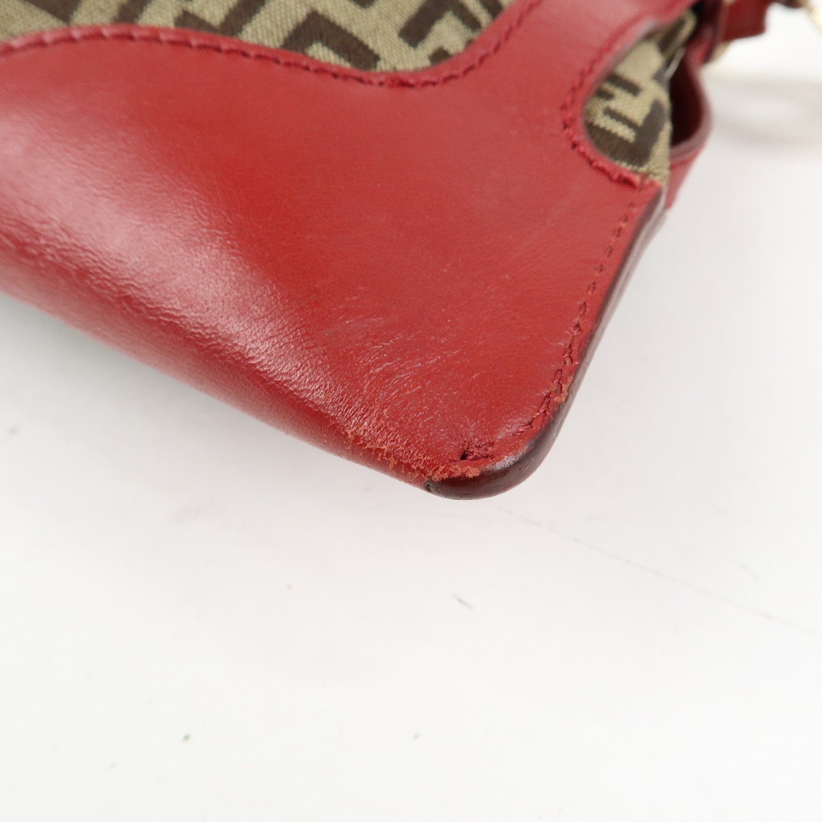 FENDI Zucca Canvas Leather Hand Bag Shoulder Bag Beige Red 8BR464