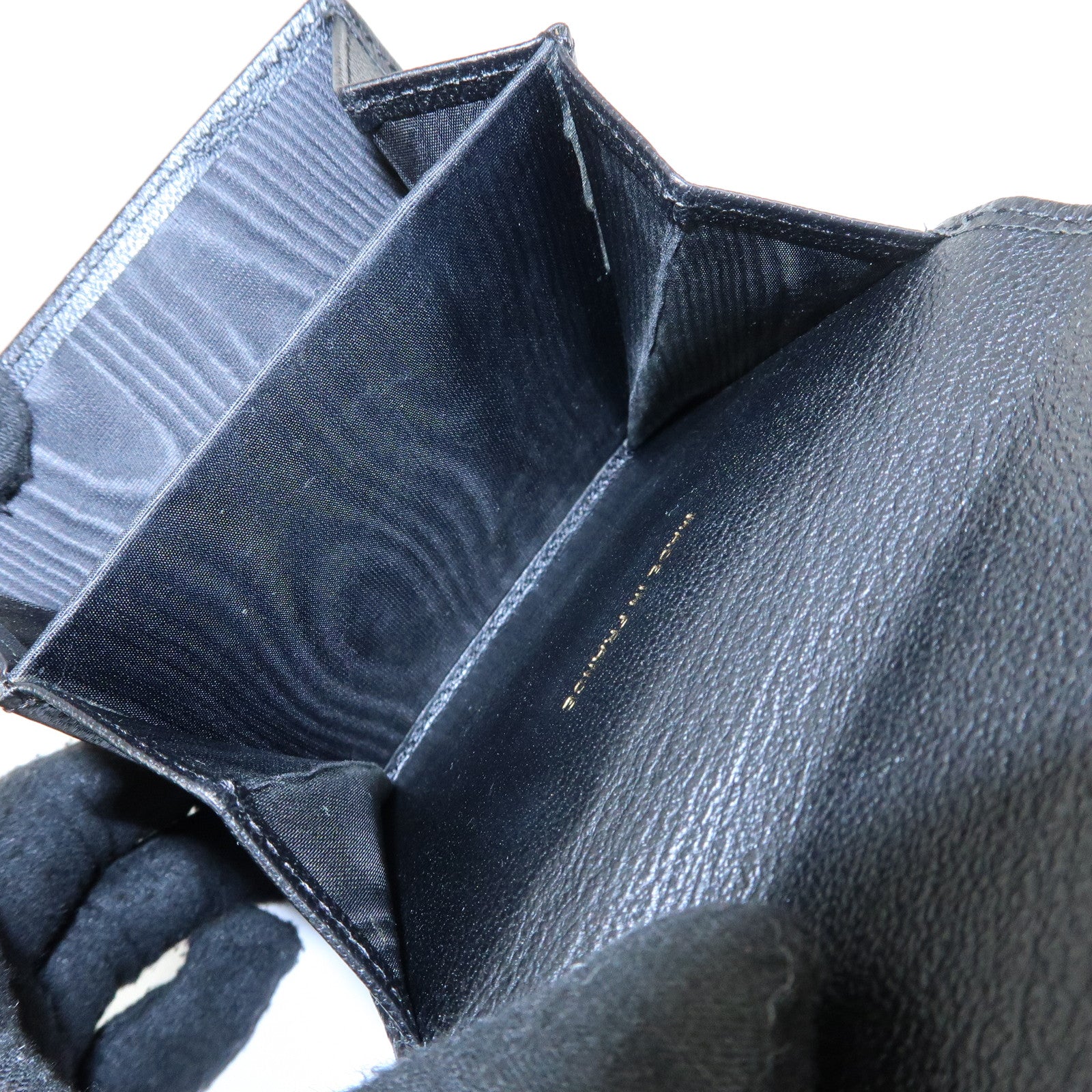 CHANEL COCO Mark Lamb Skin Tri-fold Compact Wallet Black A13456