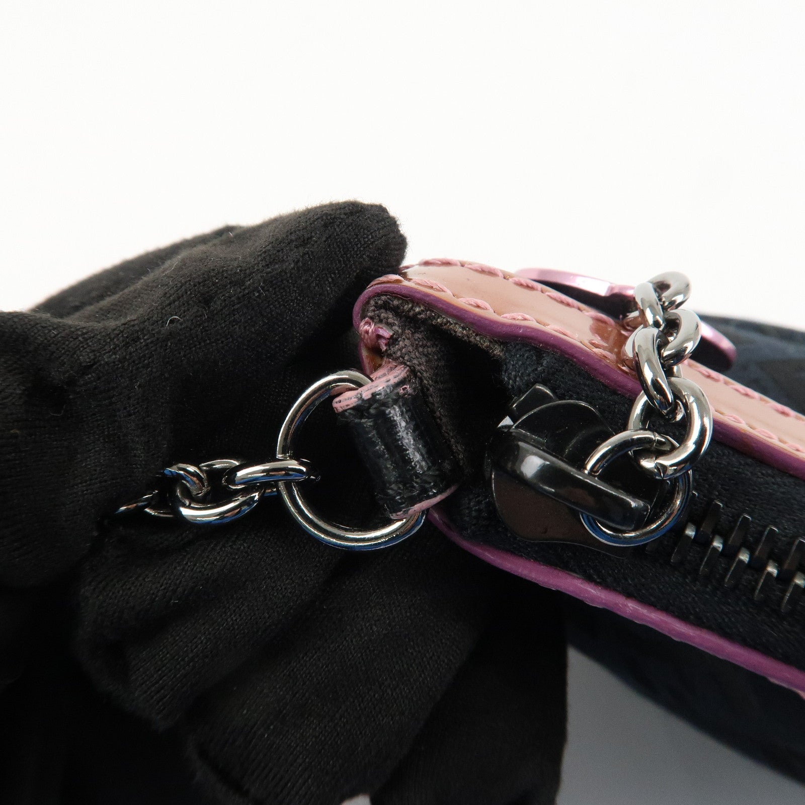 FENDI Zucchino Canvas Leather Chain Hand Bag Black Pink 8BR594 Used