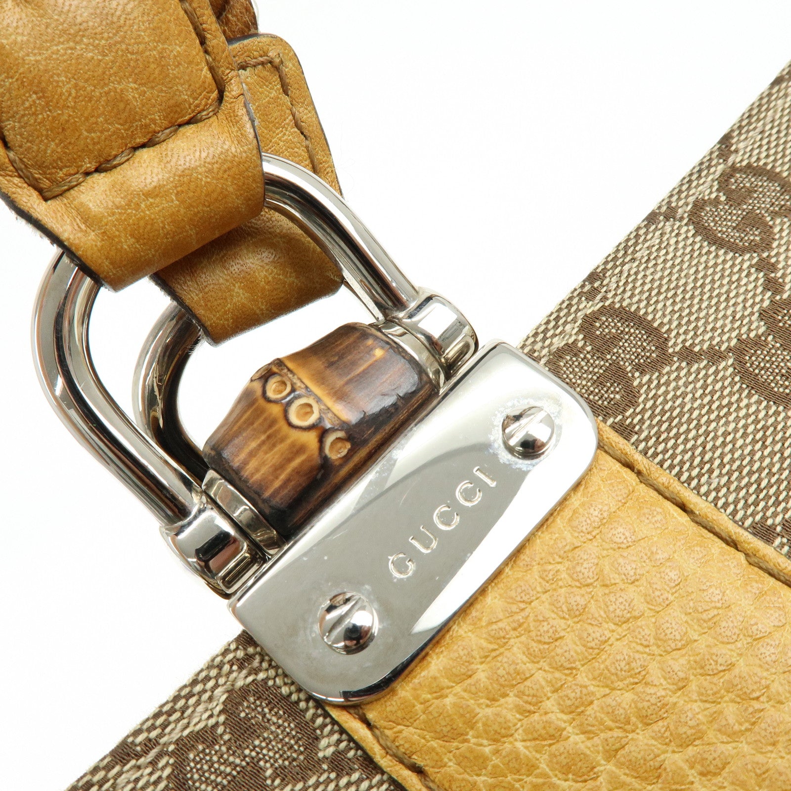 GUCCI Bamboo GG Canvas Leather Tote Bag Beige Yellow 232947