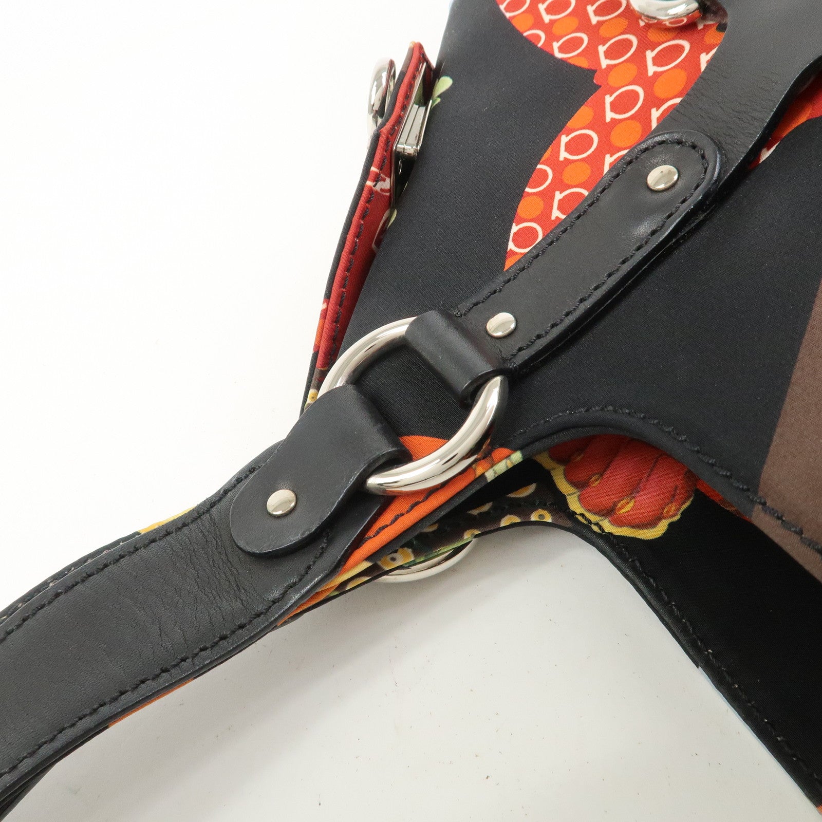 Ferragamo Nylon Leather Hand Bag Shoulder Bag Black Multicolor