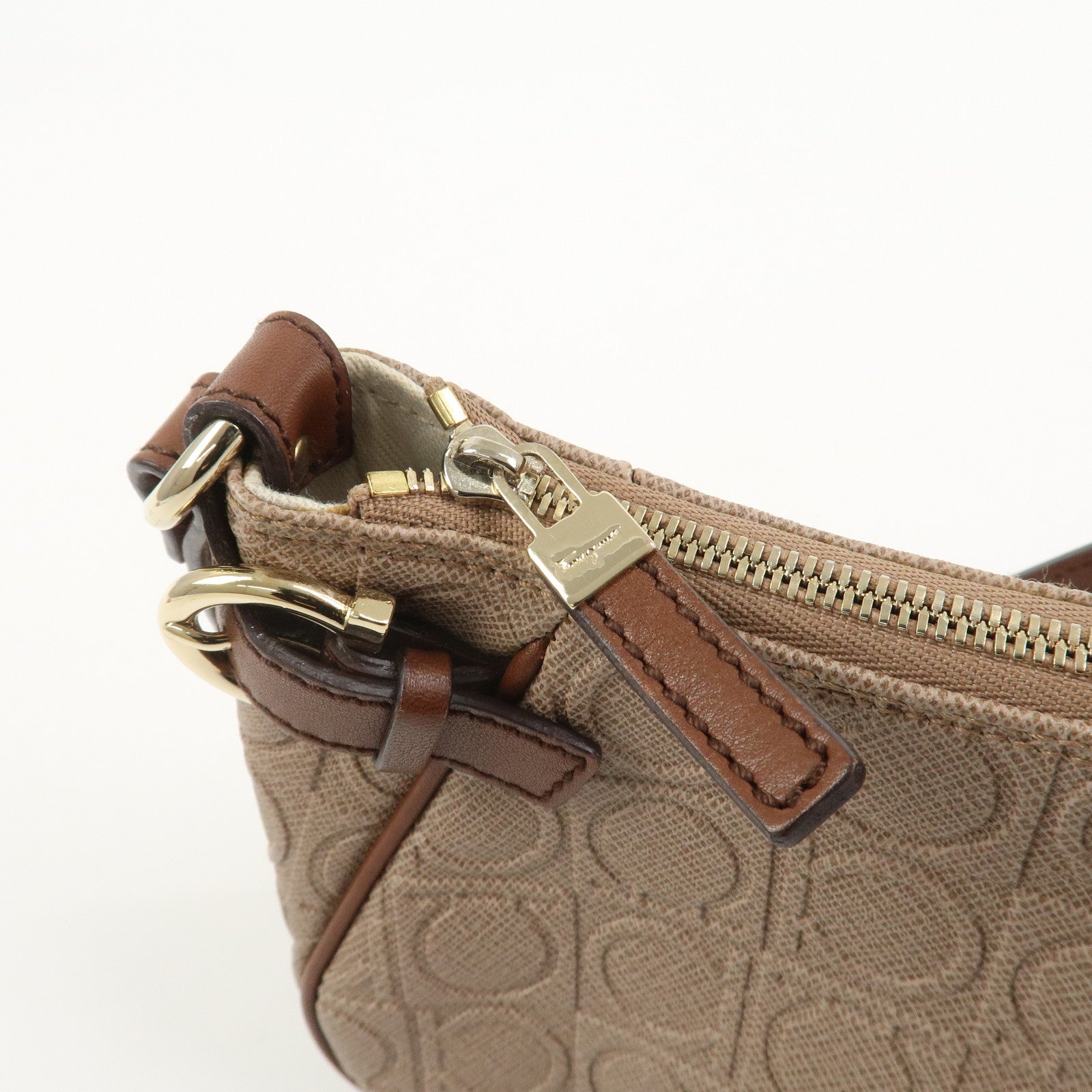 Ferragamo Gancini PVC Canvas Leather Shoulder Bag Hand Bag Brown