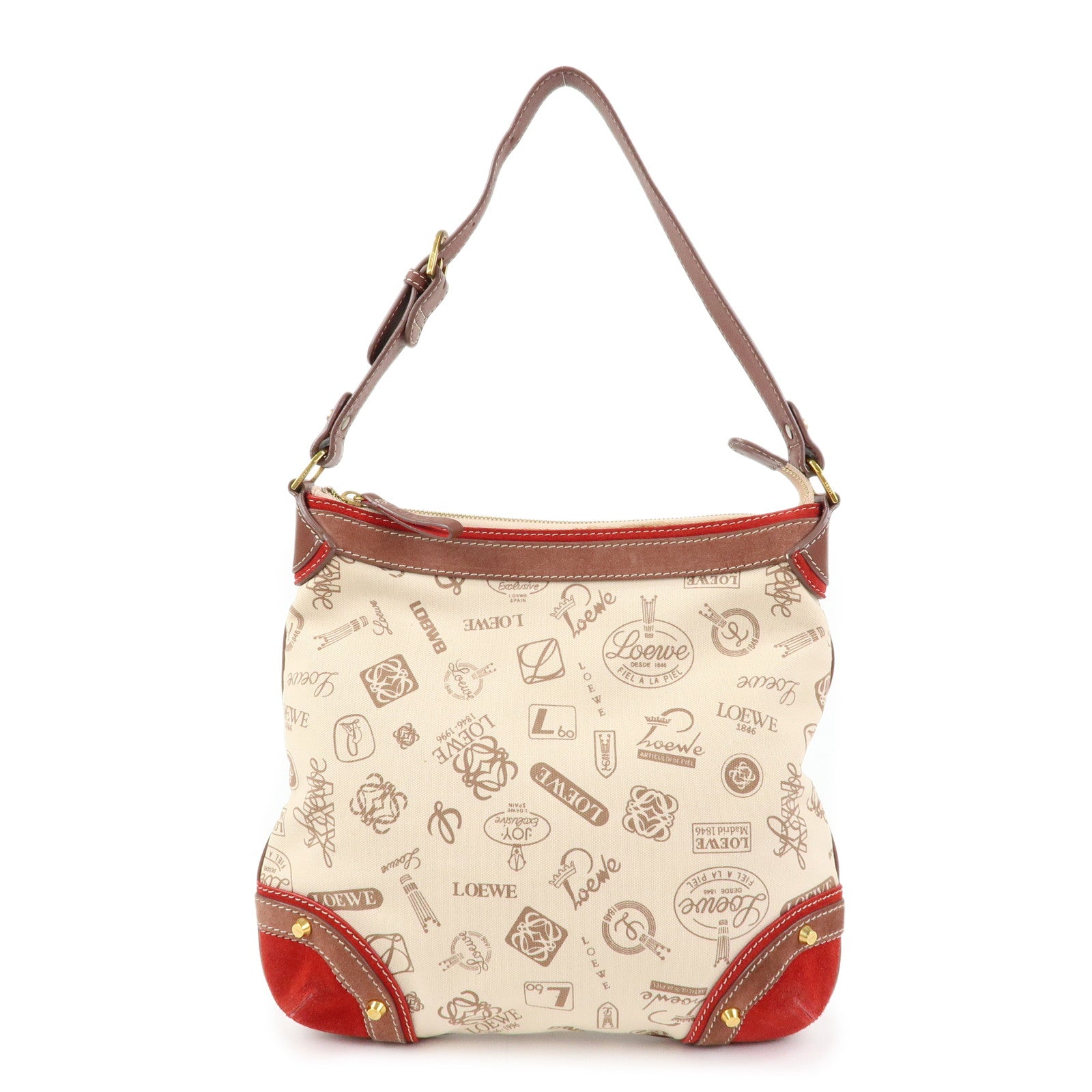 LOEWE Canvas Leather Suede Shoulder Bag Hand Bag Beige Red