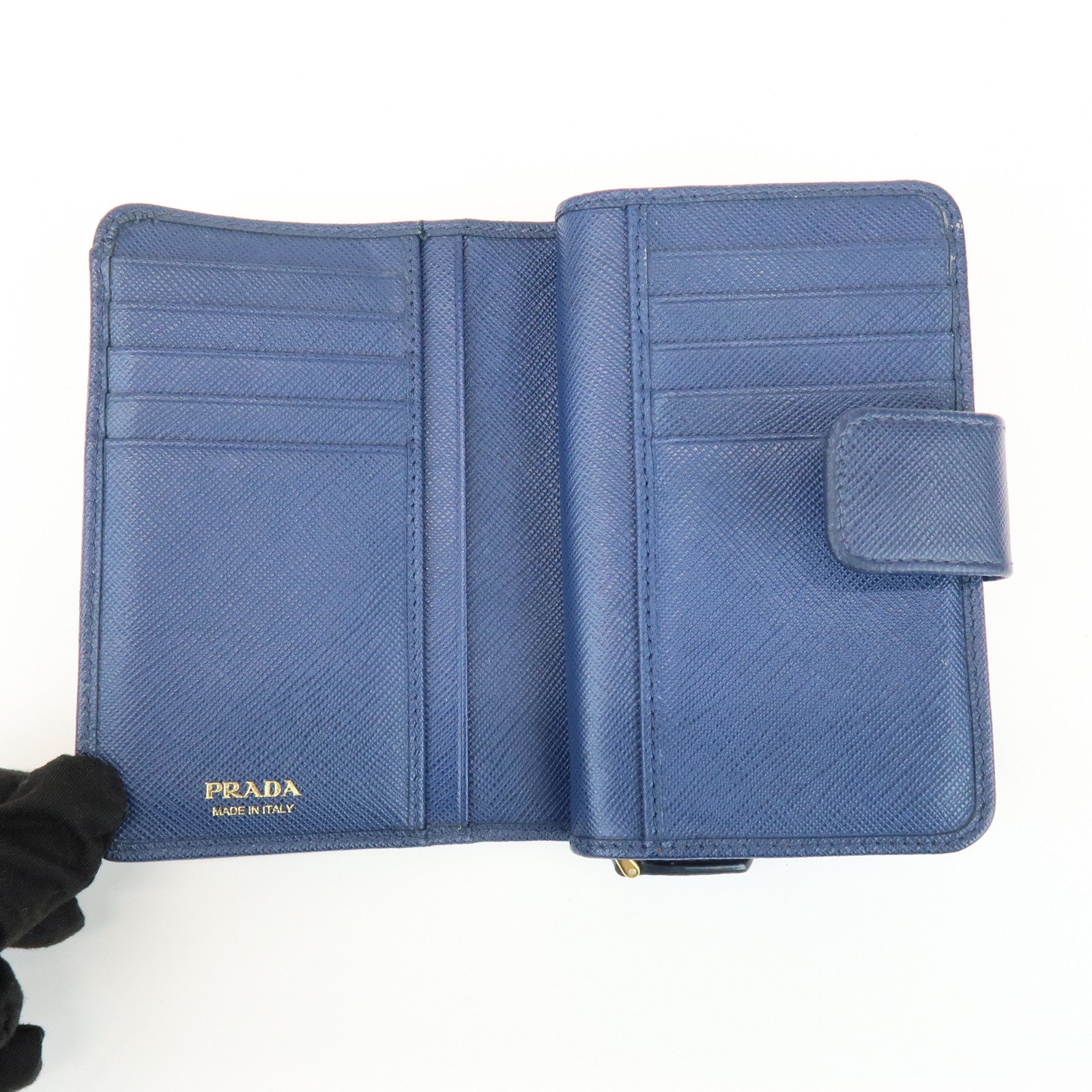 PRADA Saffiano Leather Compact Wallet Navy Gold 1ML225