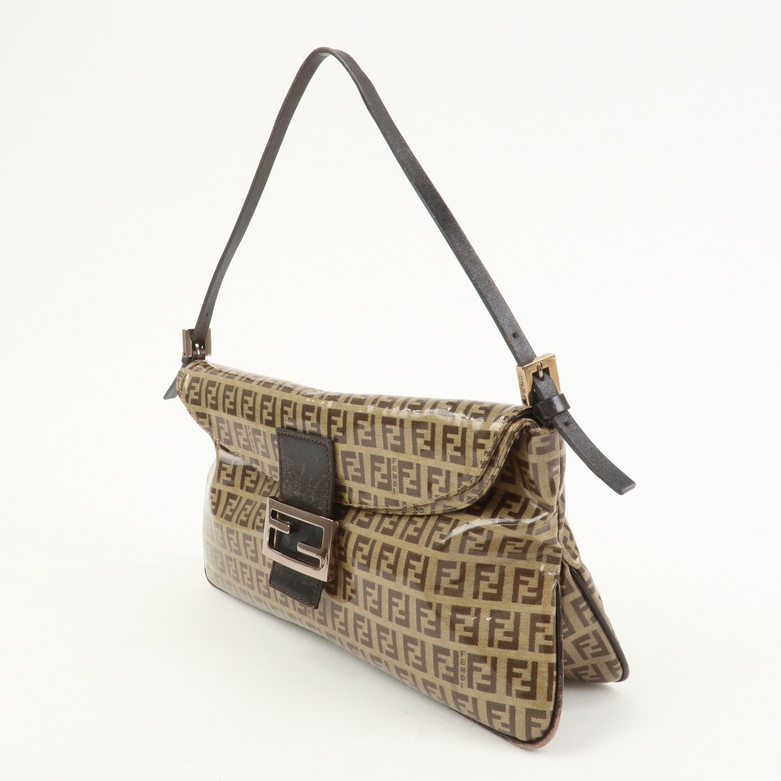 FENDI Zucchino PVC Canvas Leather Shoulder Bag Brown 8BR002