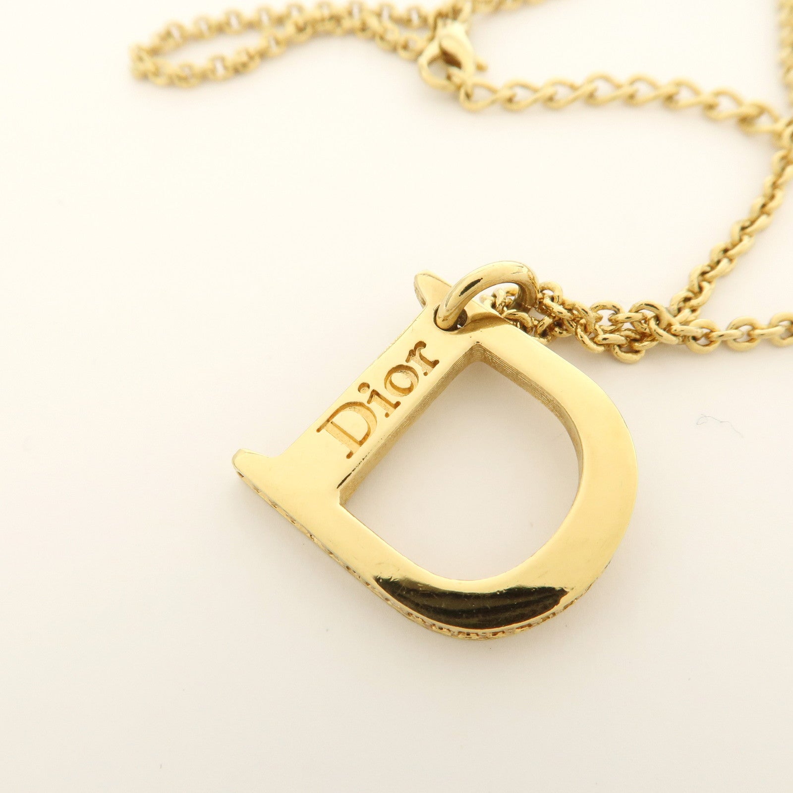 Christian Dior Logo Metal Rhinestone Necklace Gold