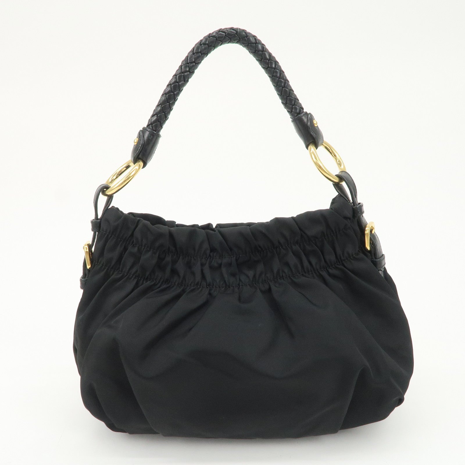 PRADA Nylon Leather Gathered Ribbon Shoulder Bag Hand Bag BR4237
