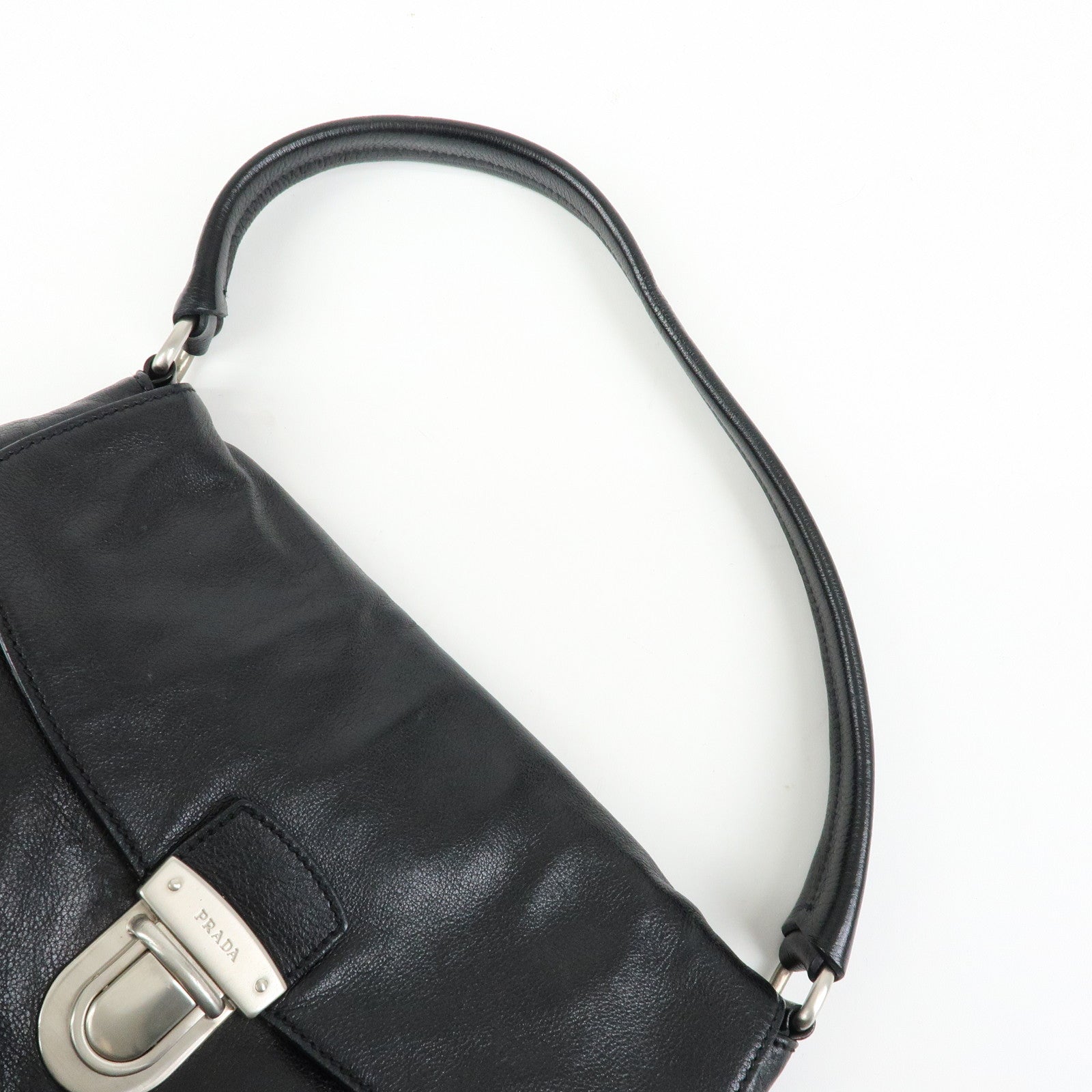 PRADA Triangle Logo Leather Hand Bag Shoulder Bag Black